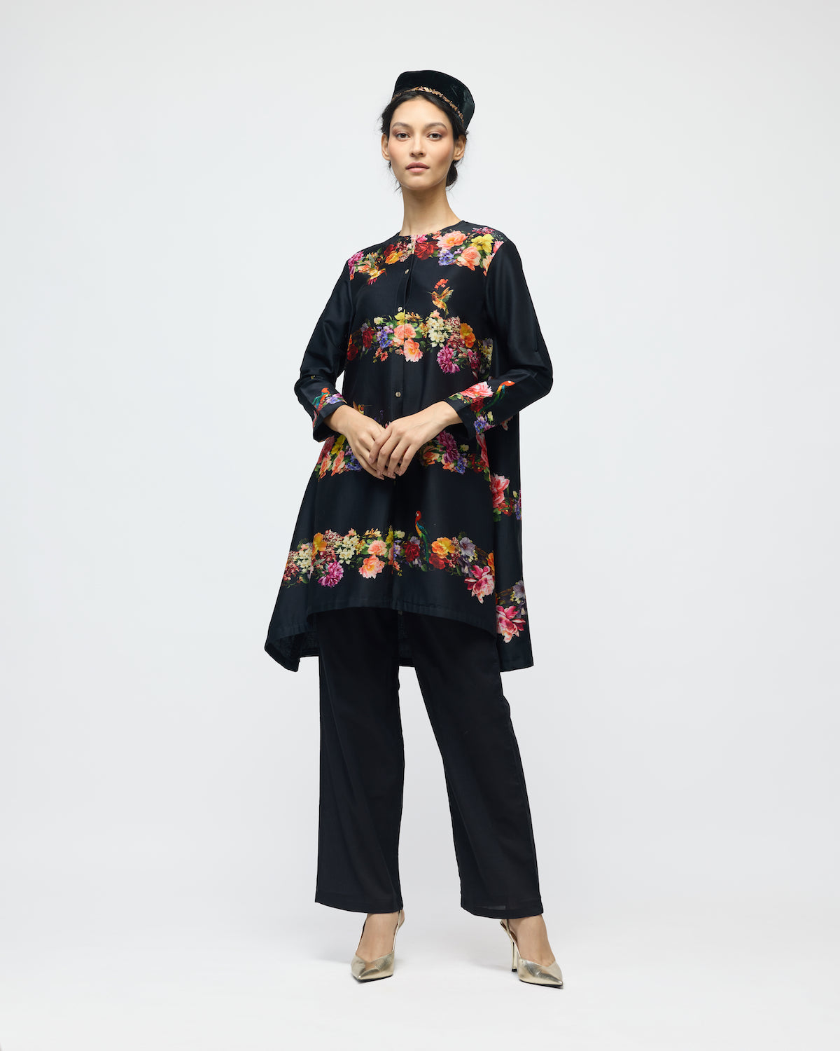 Floral Printed Chanderi Tunic Set With Voile Pant