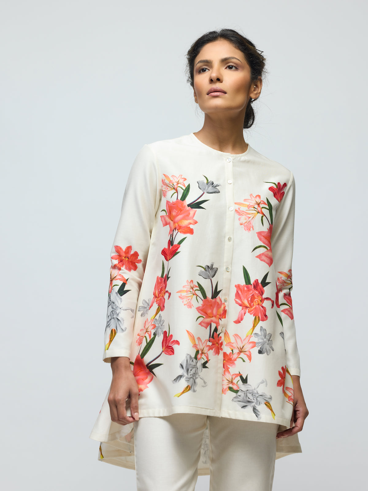 Floral Printed Chanderi Tunic Set With Voile Pant