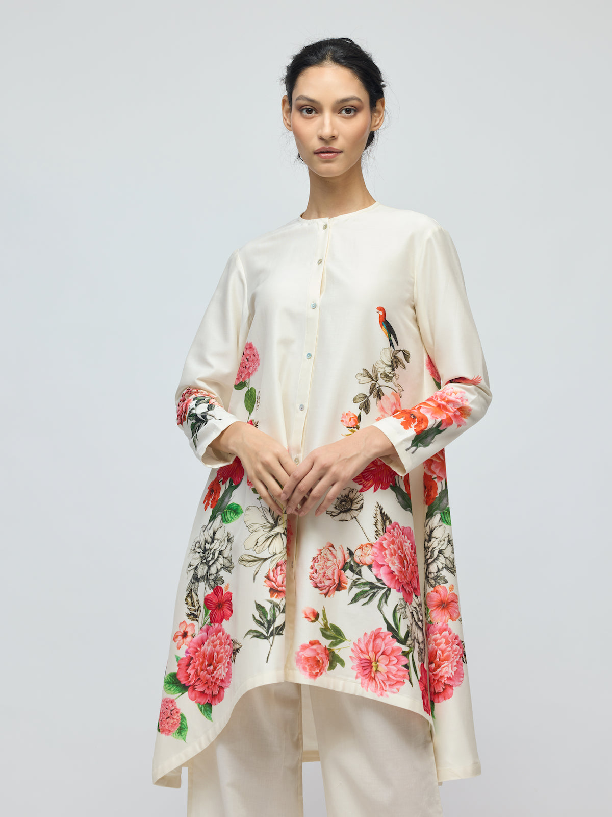 Floral Printed Chanderi Tunic Set With Voile Pant