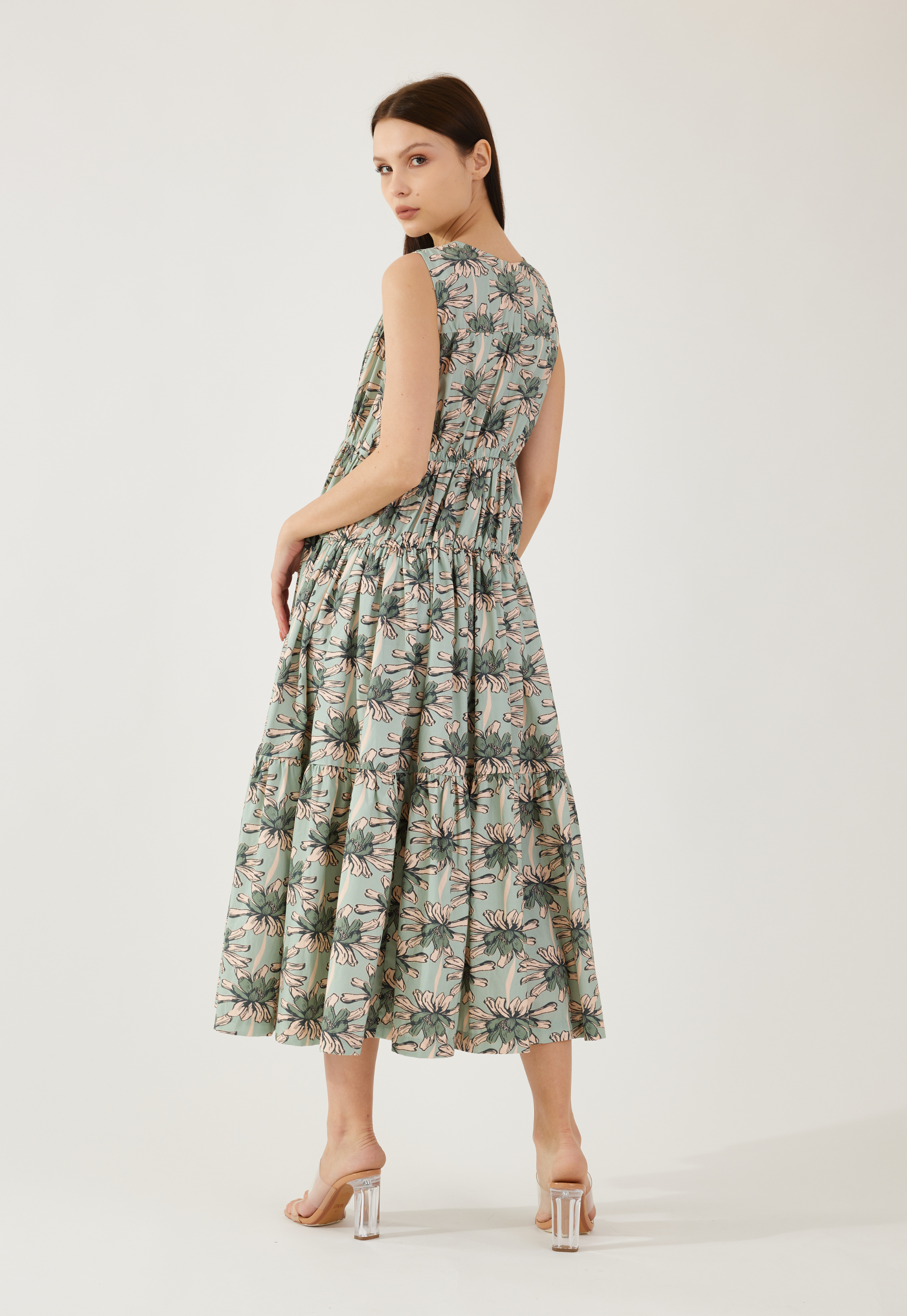 Olive and Green floral sleeveless midi dress
