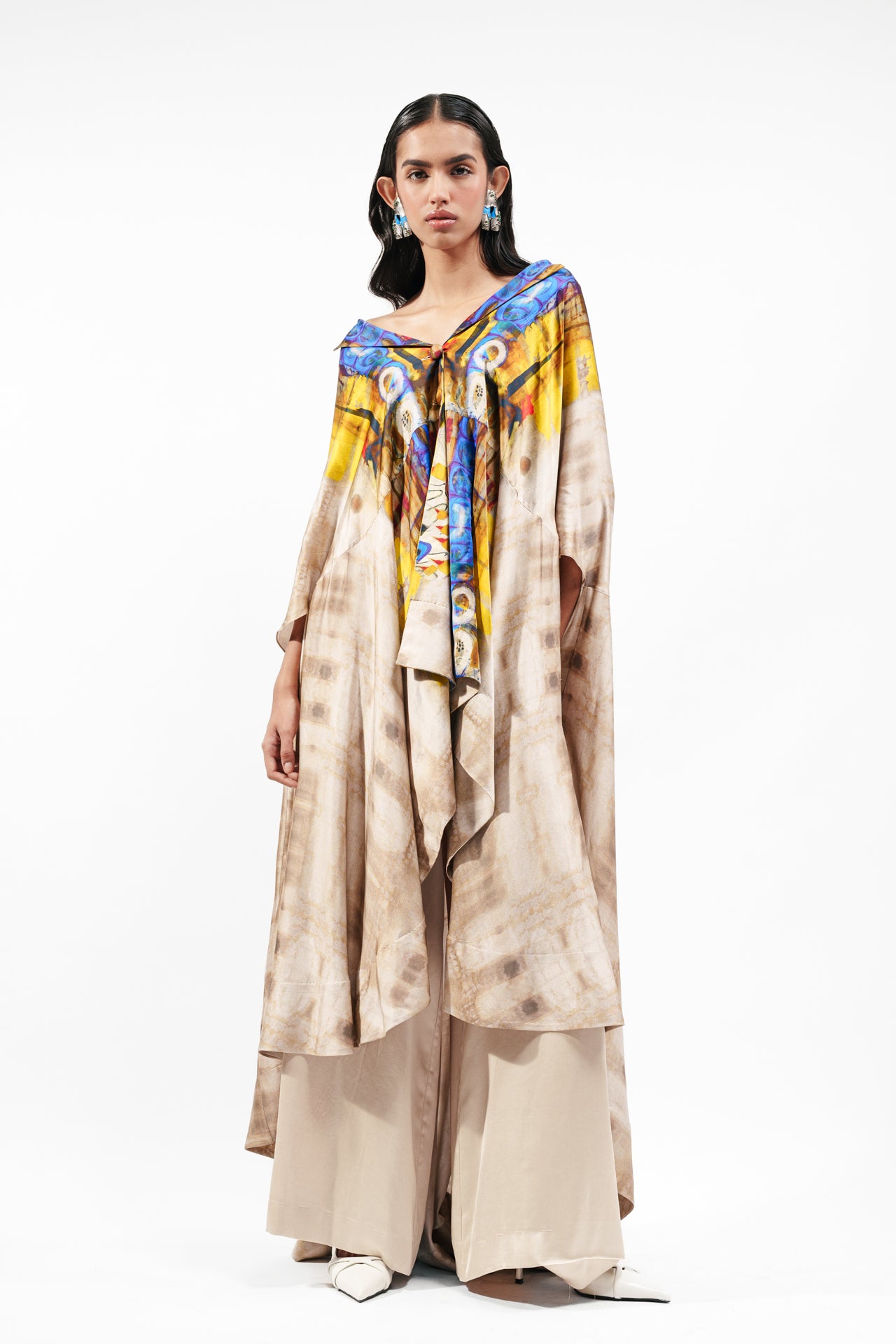 Printed Silk Cape With Bra Top And Trouser