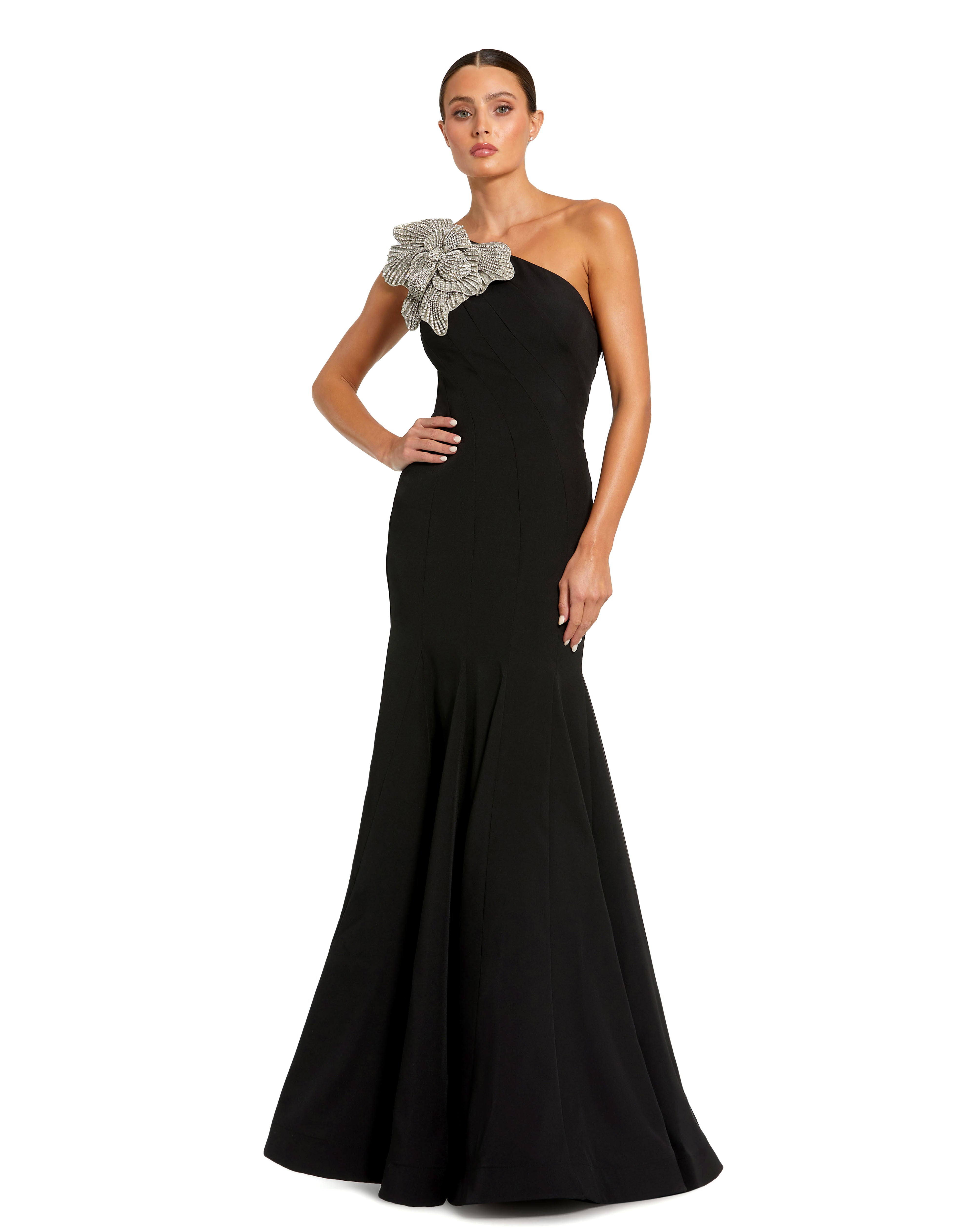 Crepe One Shoulder Gown With Flower