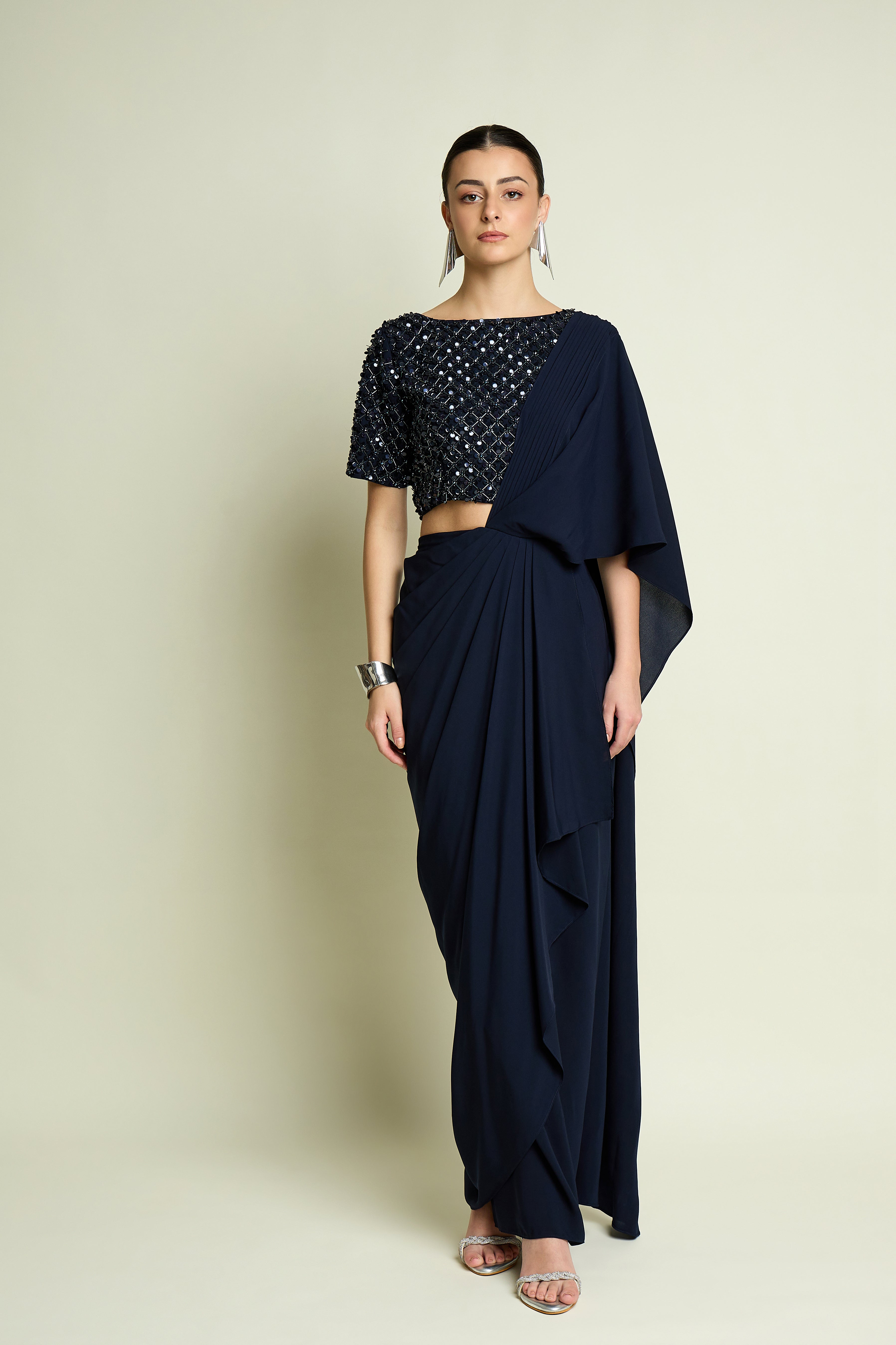 Crystal Navy Blouse With Pre Draped Sai Skrt