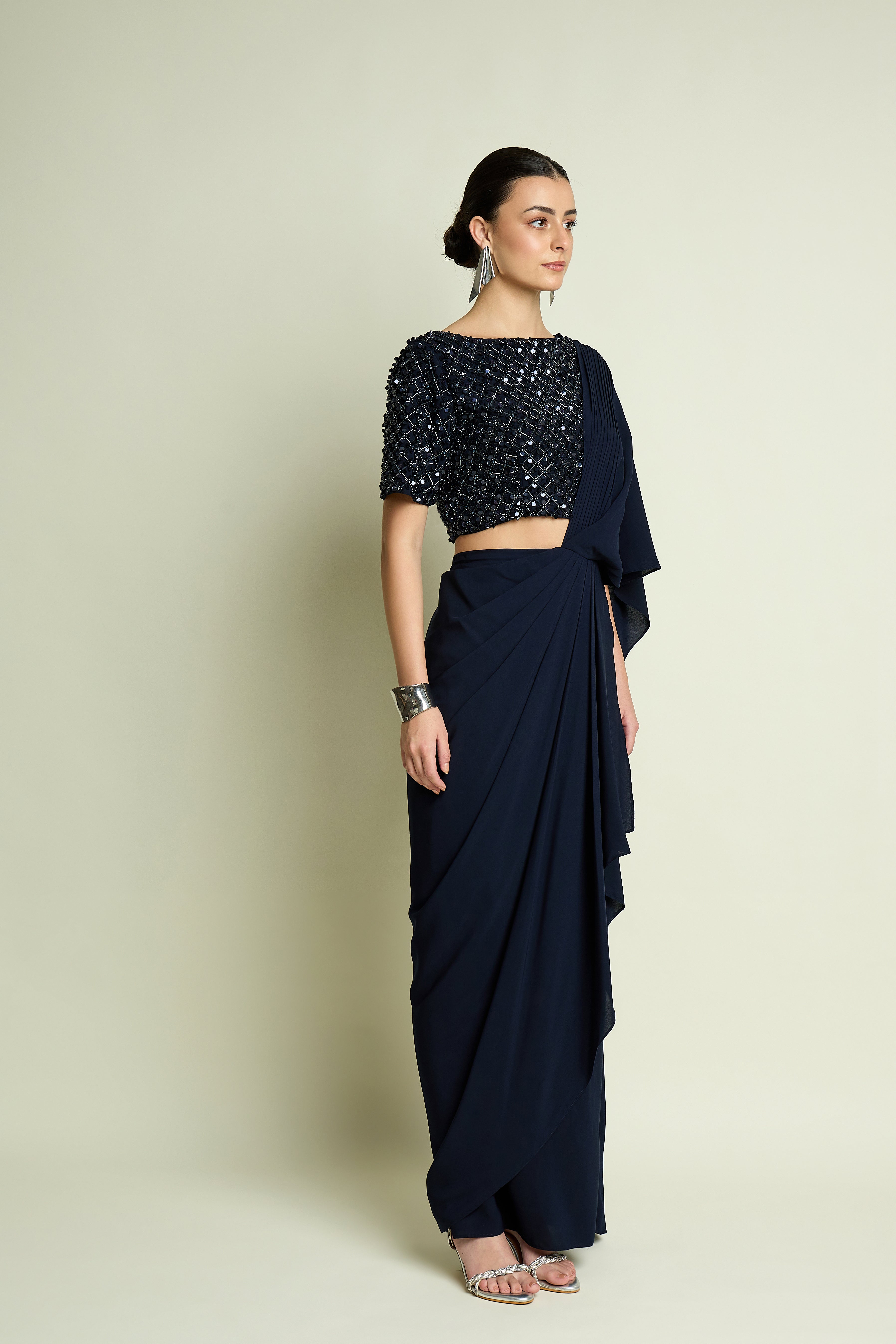 Crystal Navy Blouse With Pre Draped Sai Skrt