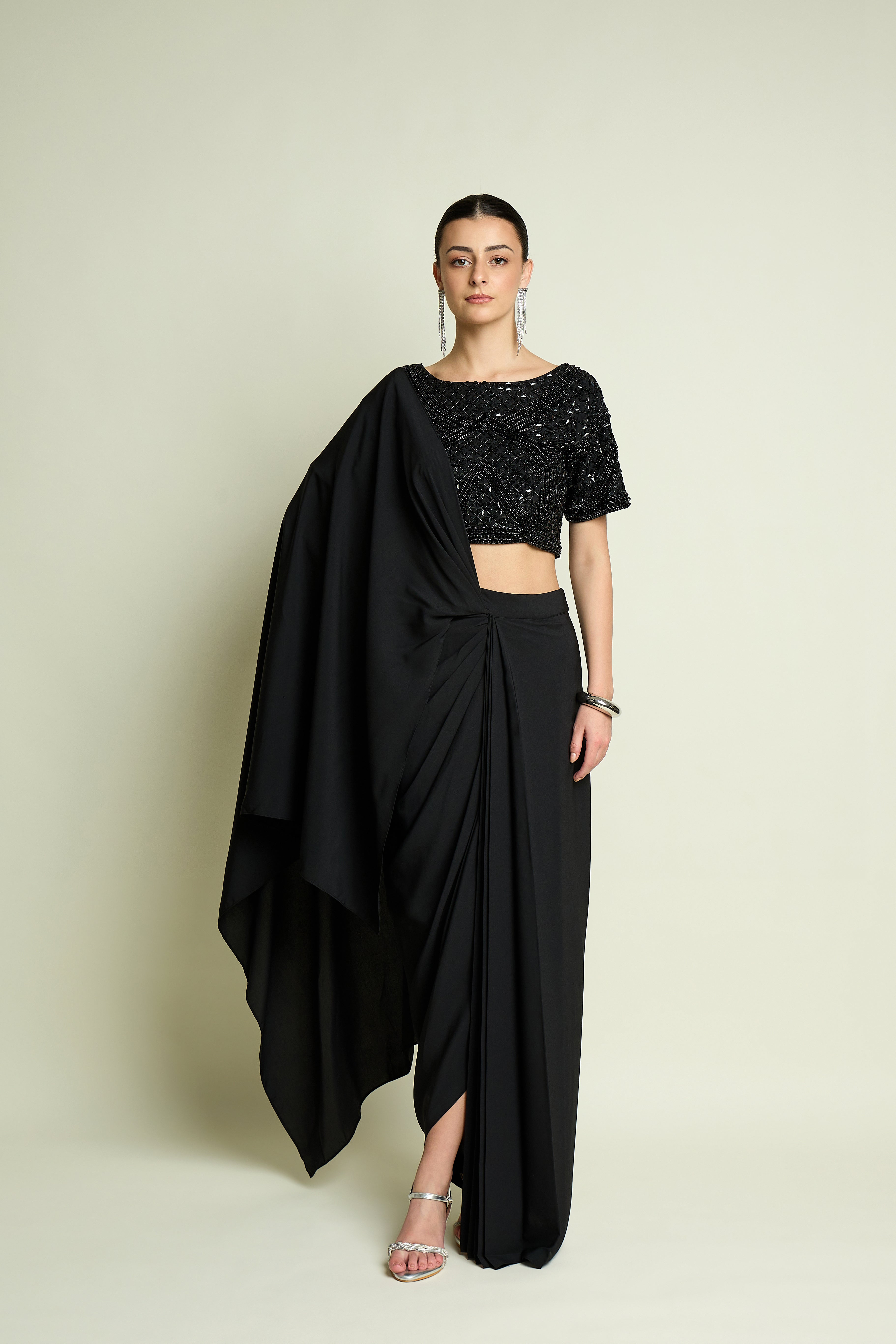 Noir Crystle Blouse With Pre Draped Sari Set
