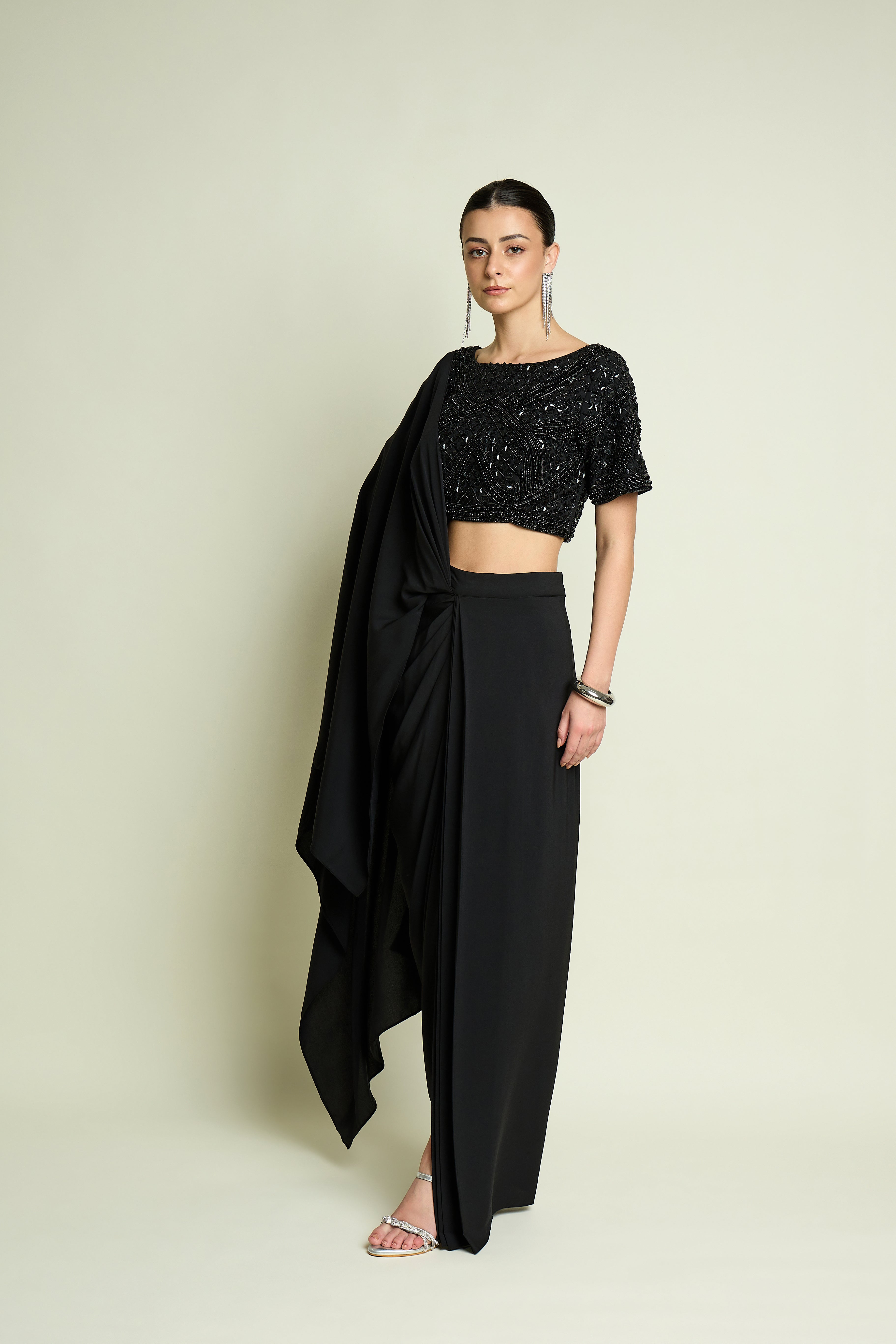 Noir Crystle Blouse With Pre Draped Sari Set