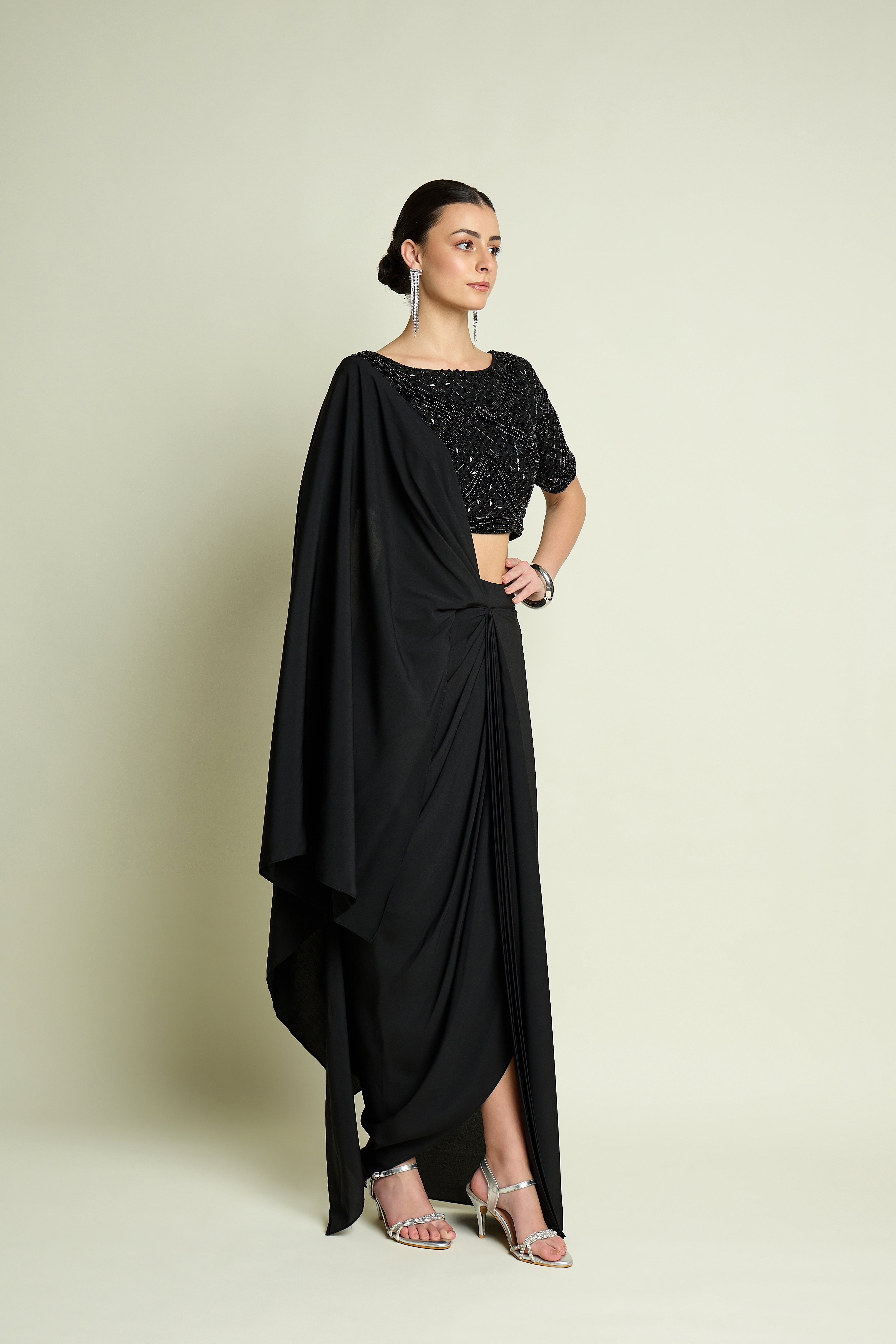 Noir Crystle Blouse With Pre Draped Sari Set