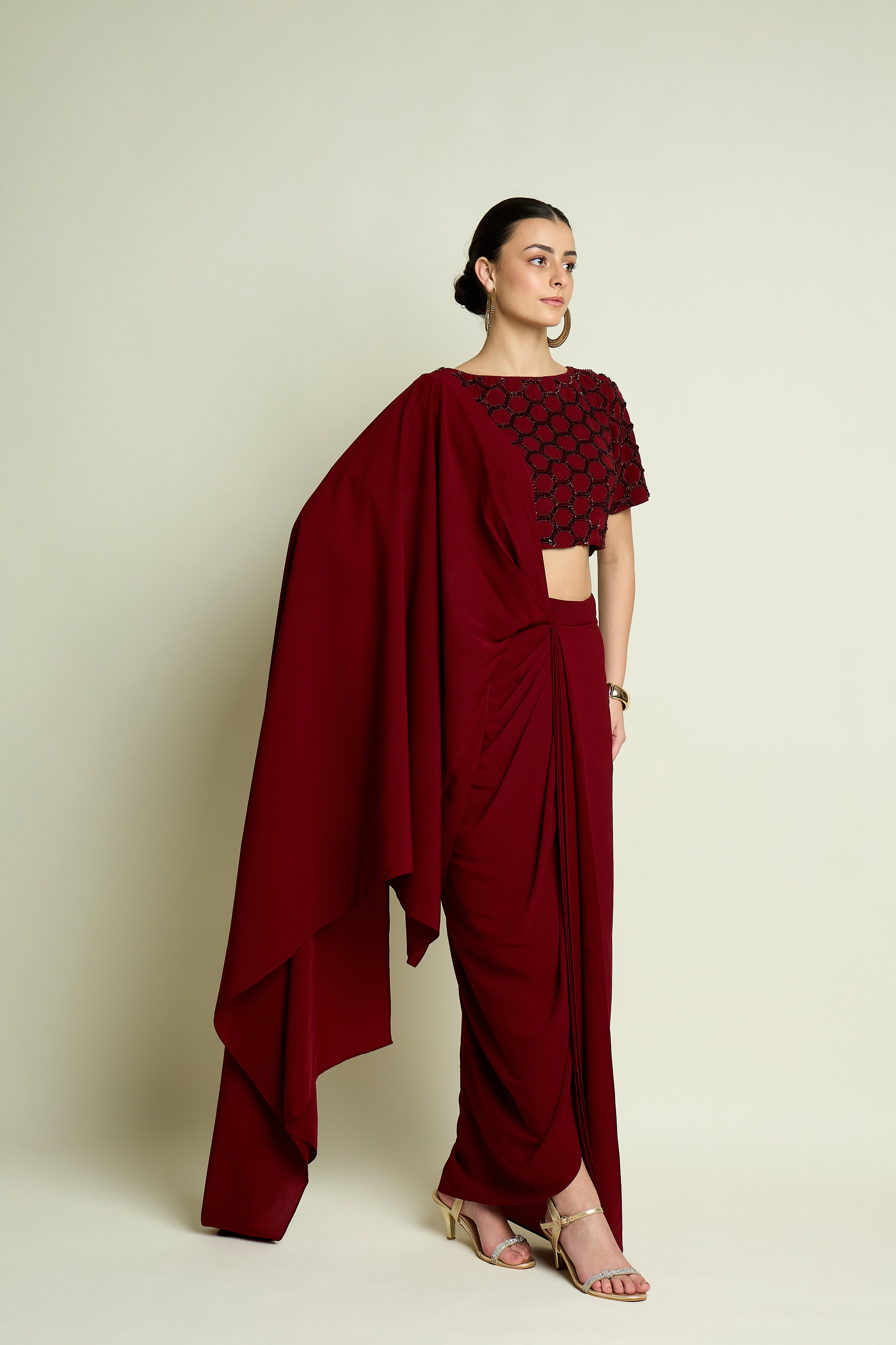 Crystal Web Blouse With Pre Draped Sari Skirt