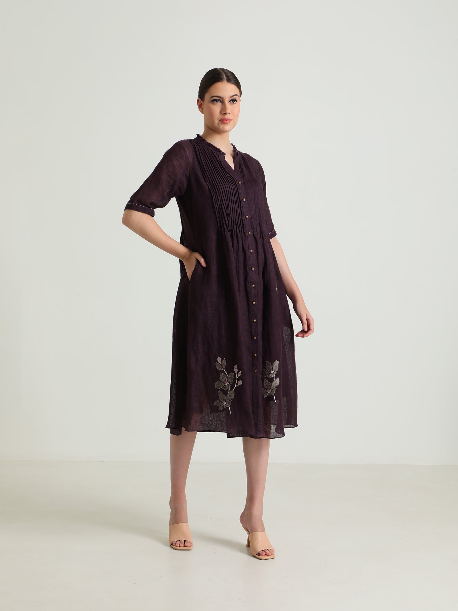 Pleated Dress In Gauze Linen