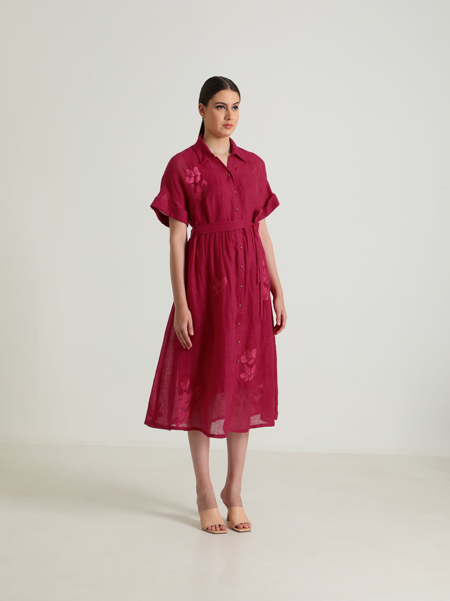 Drop Shoulder Carnation Embroided Dress