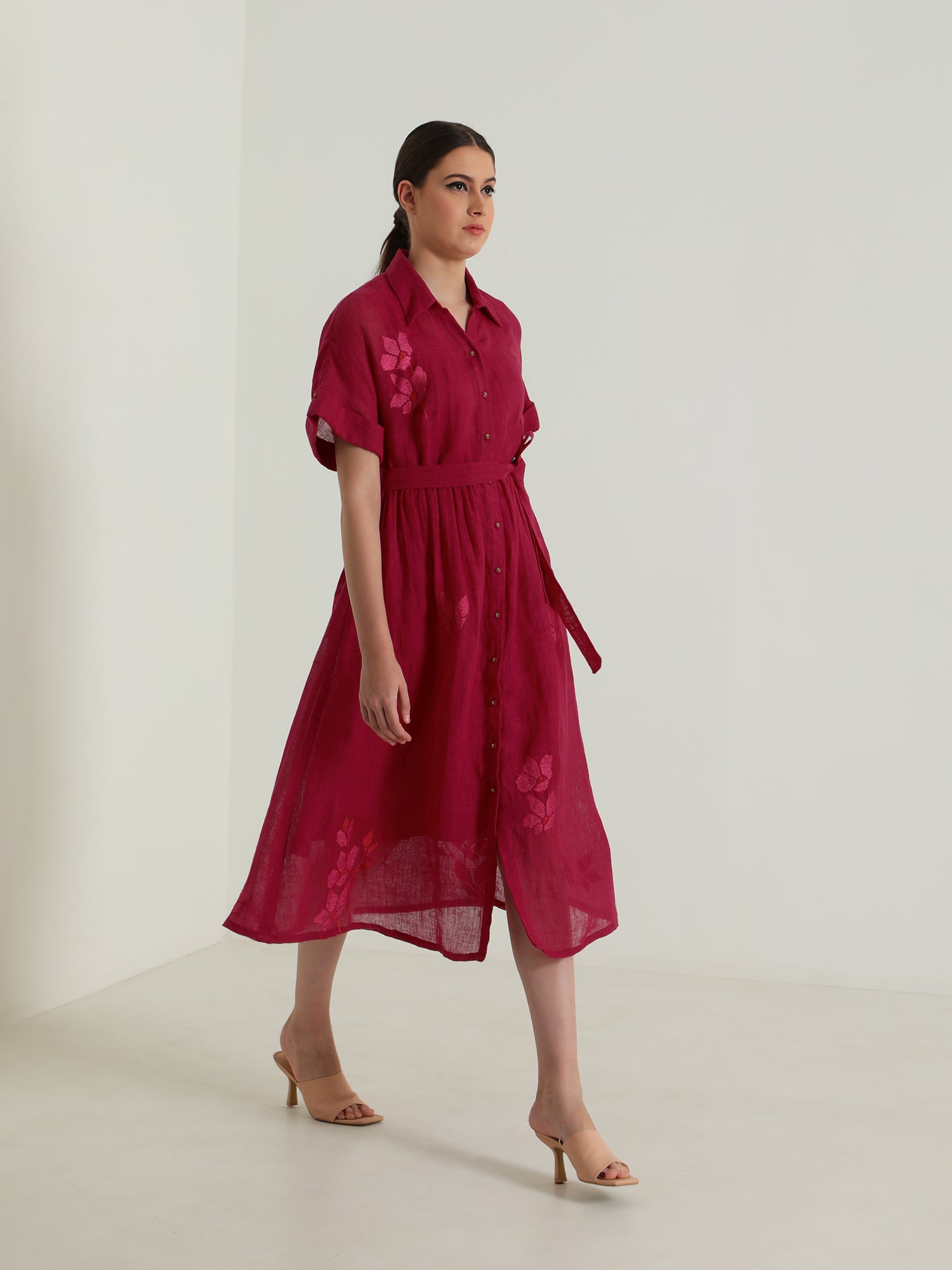 Drop Shoulder Carnation Embroided Dress