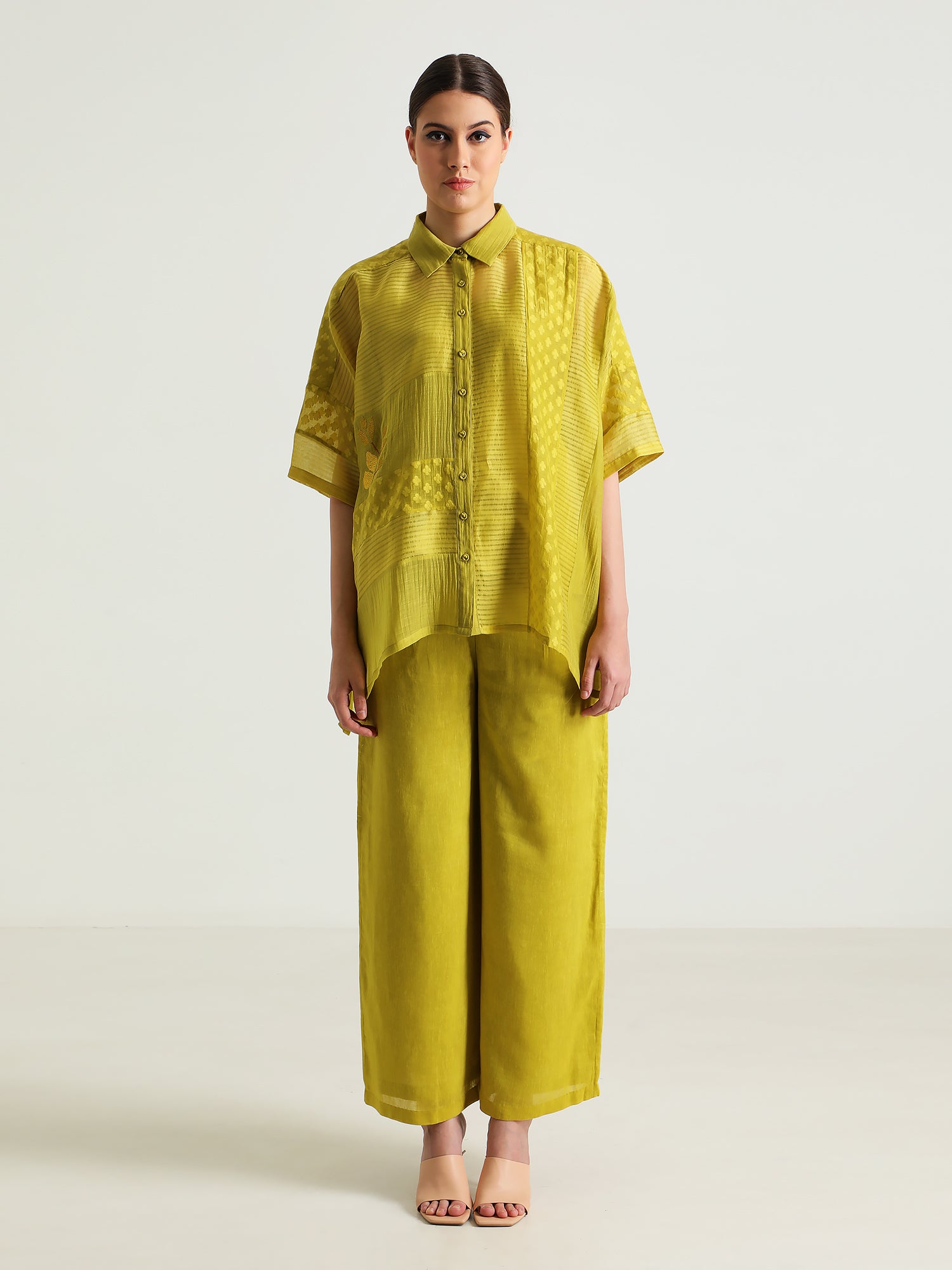 Chartruese Lace Shirt With Linen Wide Leg Pants