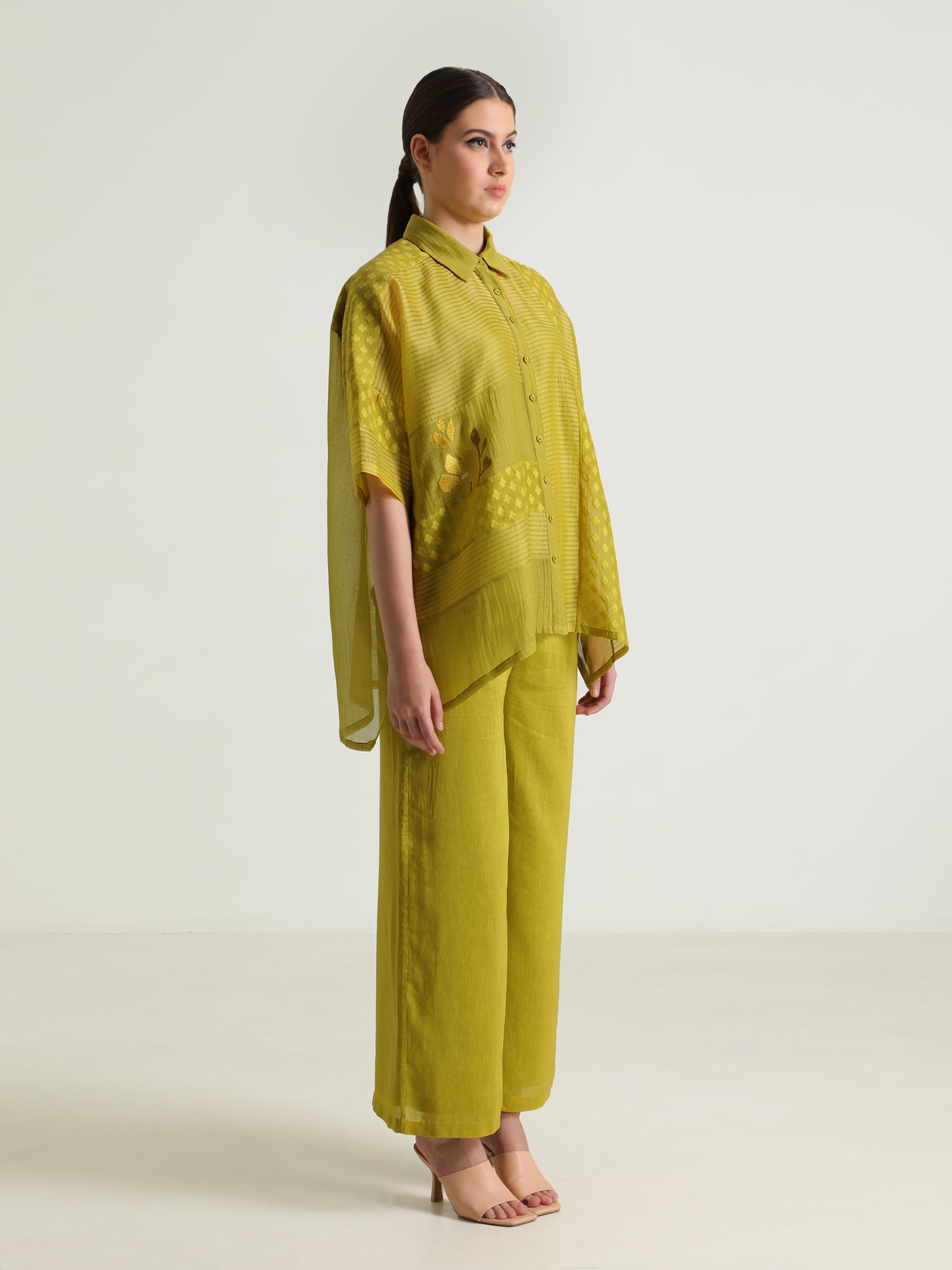 Chartruese Lace Shirt With Linen Wide Leg Pants