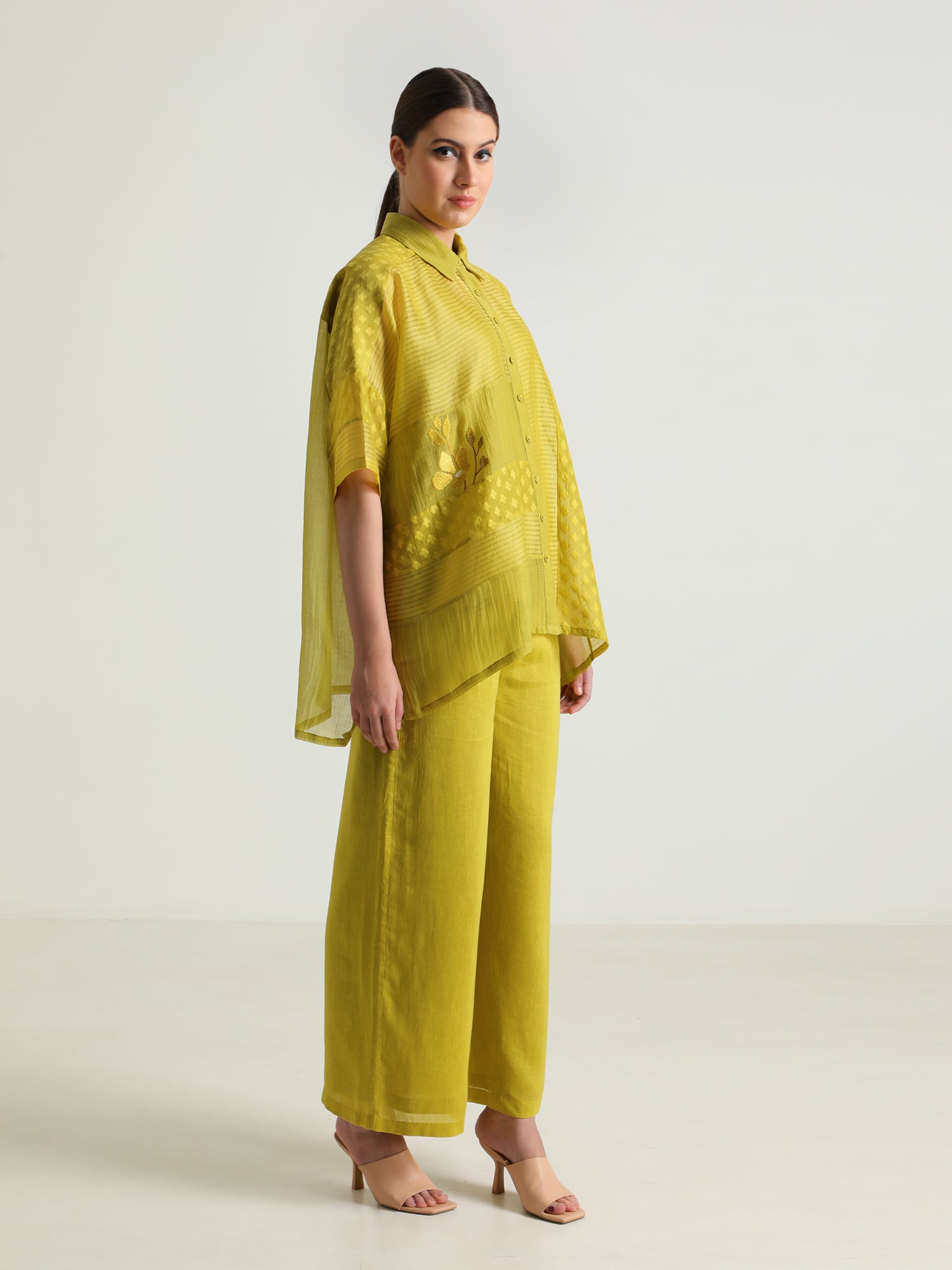 Chartruese Lace Shirt With Linen Wide Leg Pants