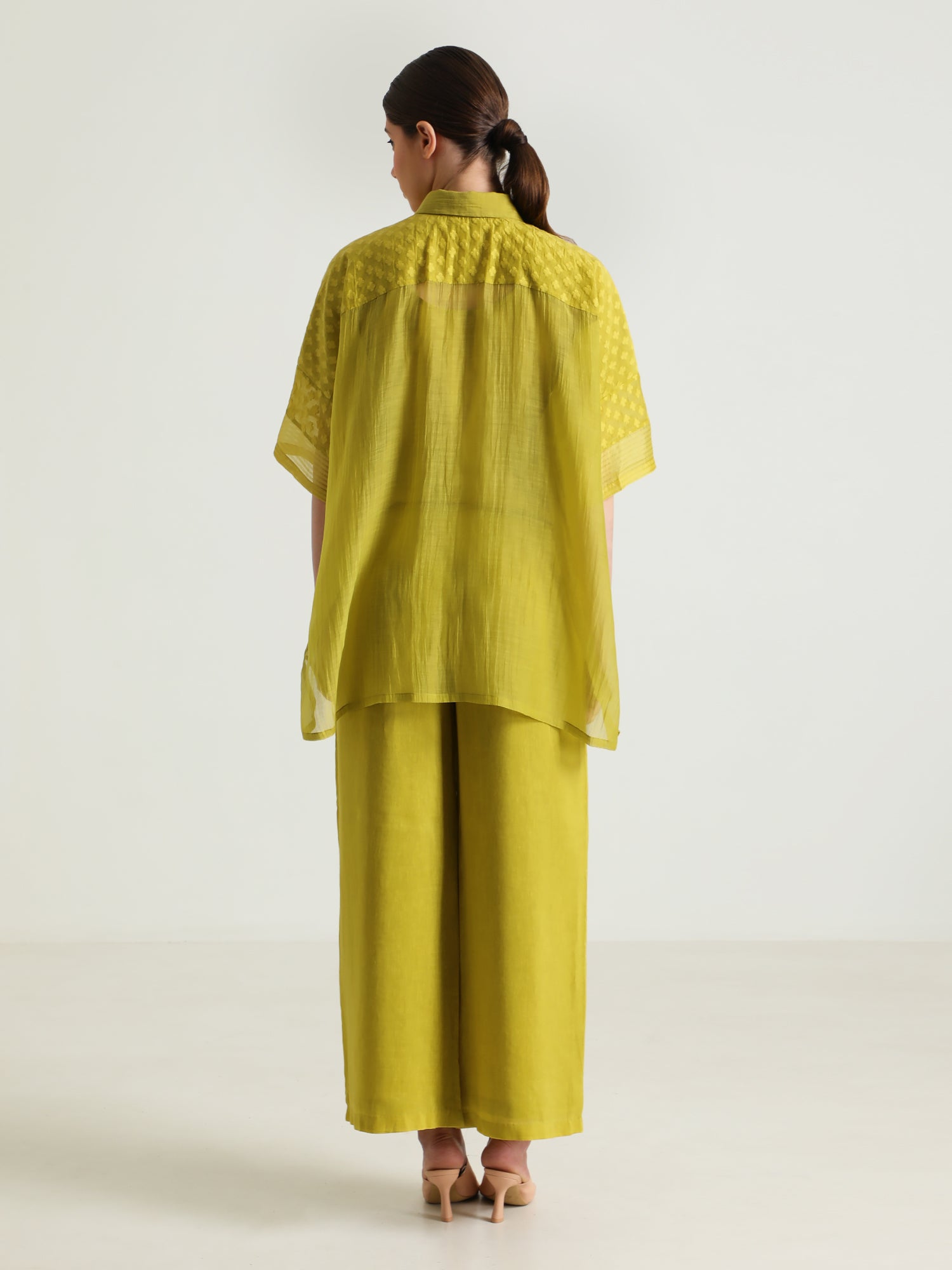 Chartruese Lace Shirt With Linen Wide Leg Pants