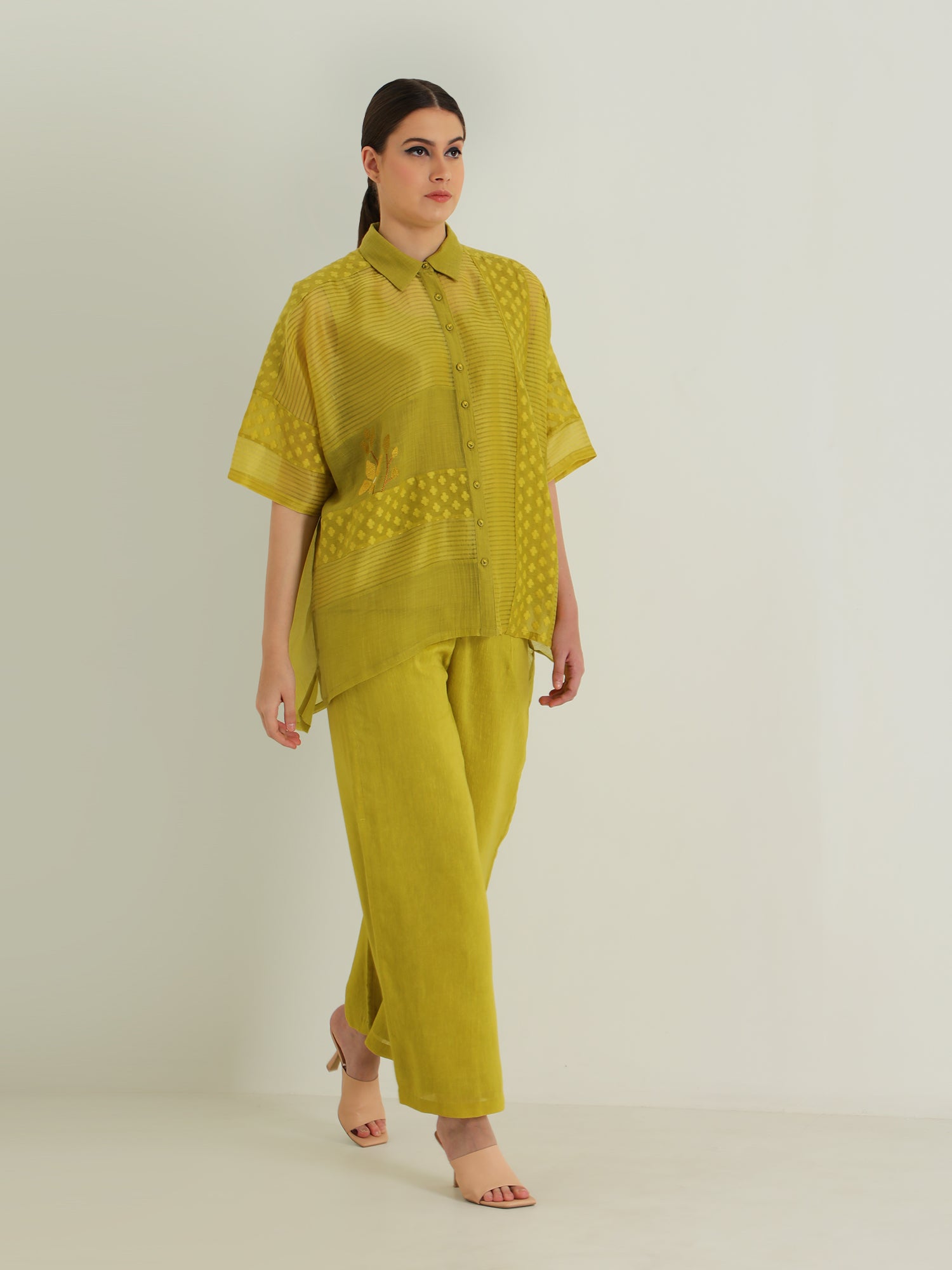 Chartruese Lace Shirt With Linen Wide Leg Pants