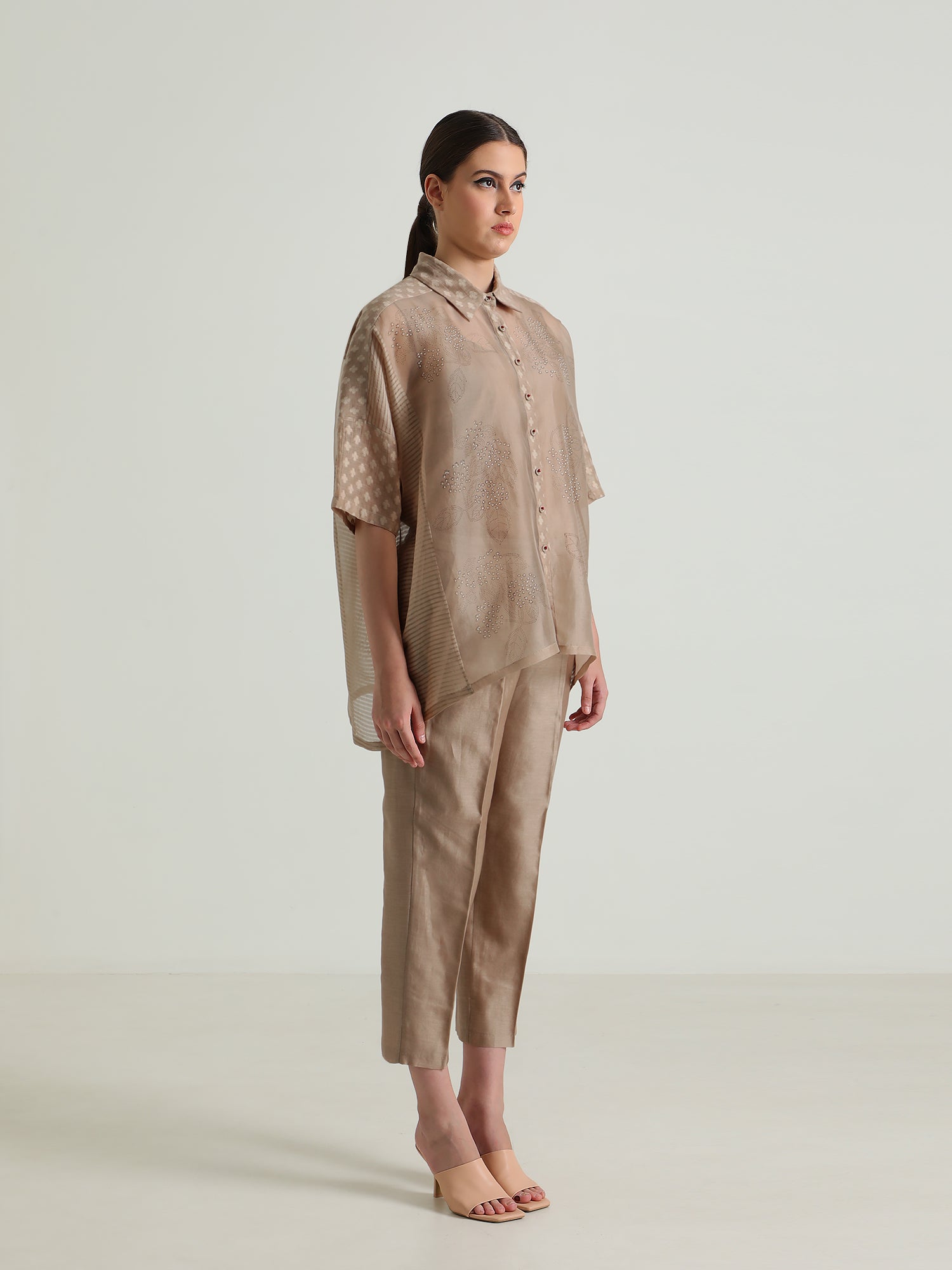 Beige Organza Lace Shirt And Silk Chanderi Pant