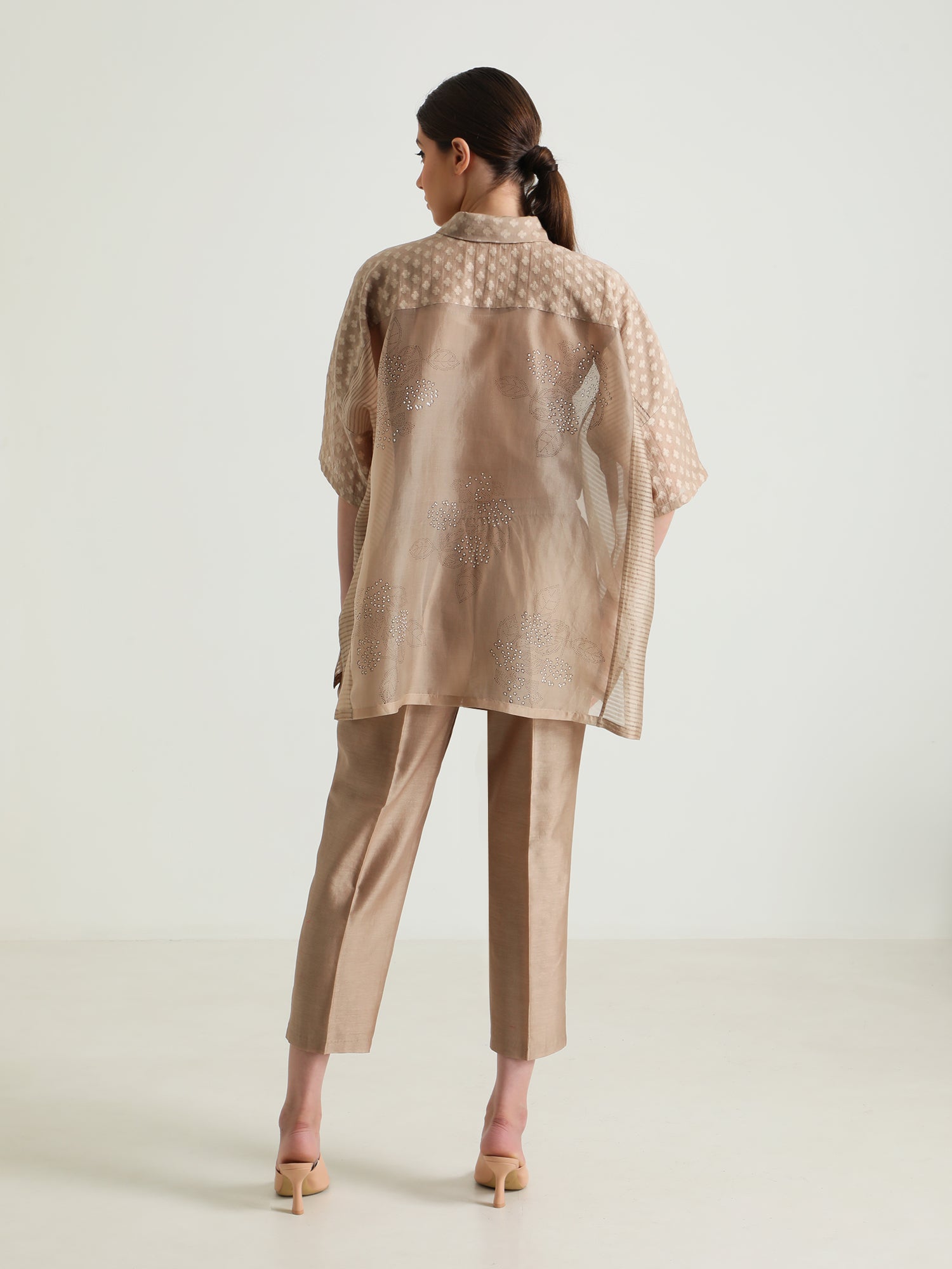 Beige Organza Lace Shirt And Silk Chanderi Pant