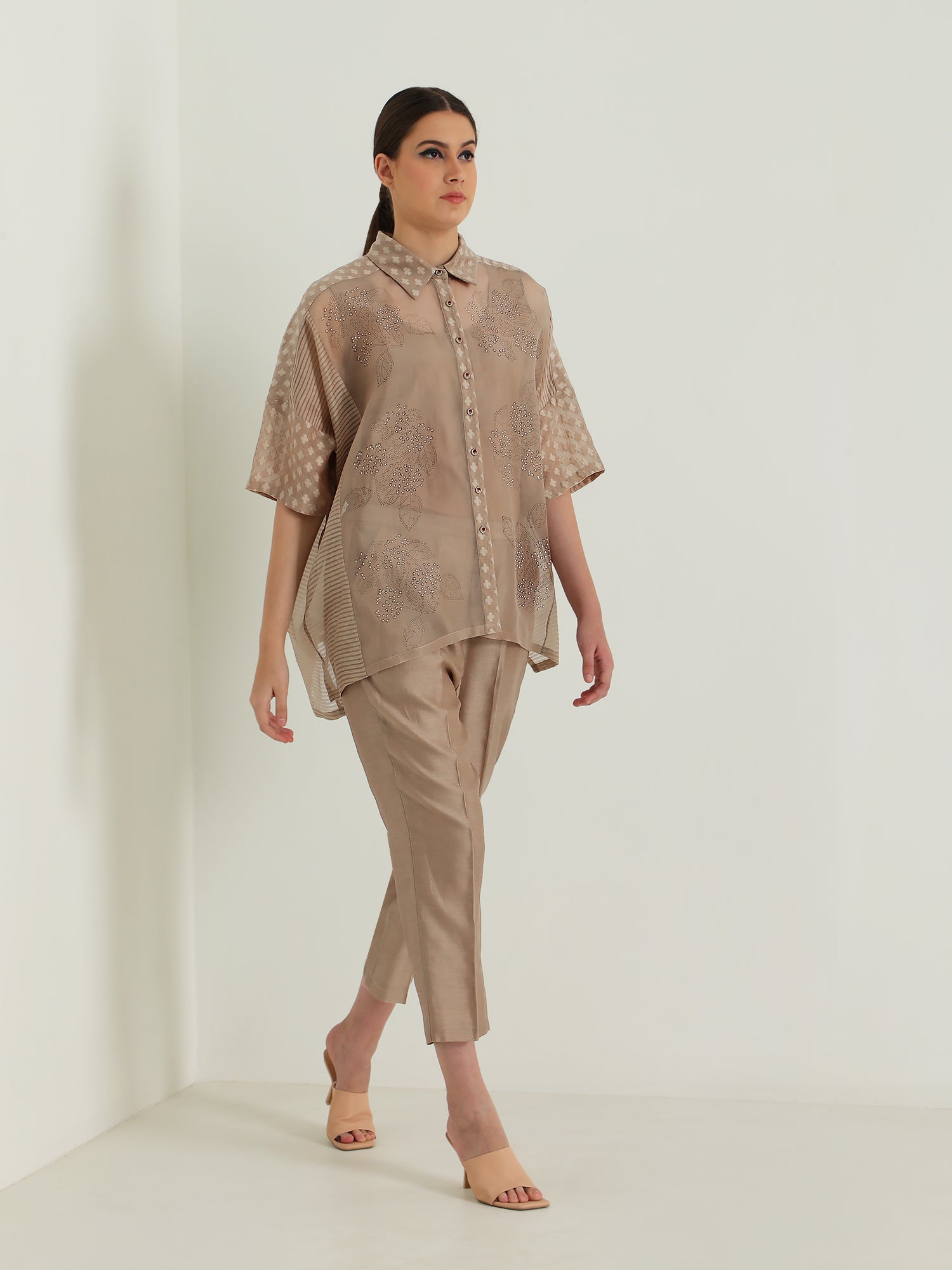 Beige Organza Lace Shirt And Silk Chanderi Pant