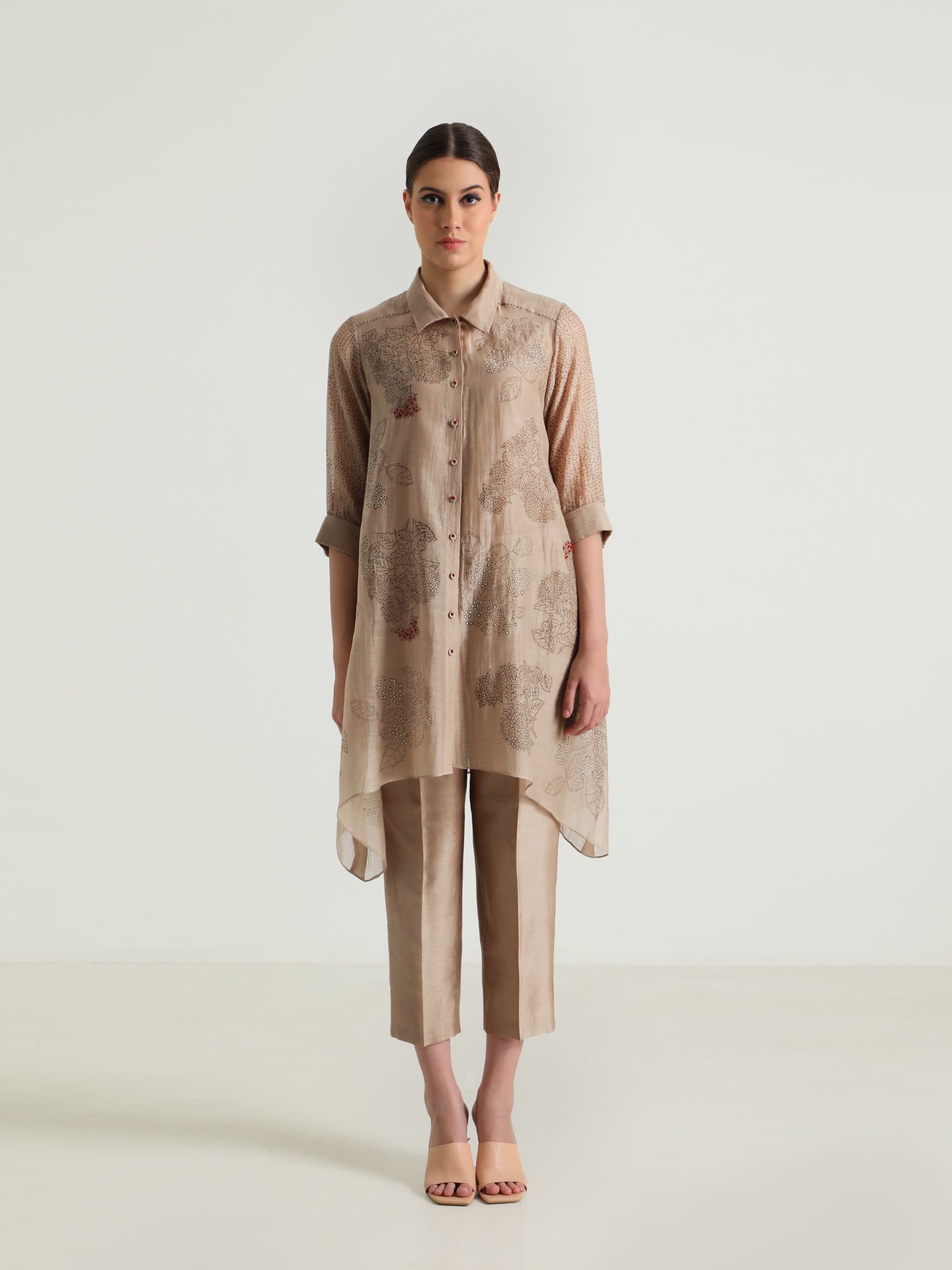 Beige Cotton Chanderi Shirt And Silk Chander Pant