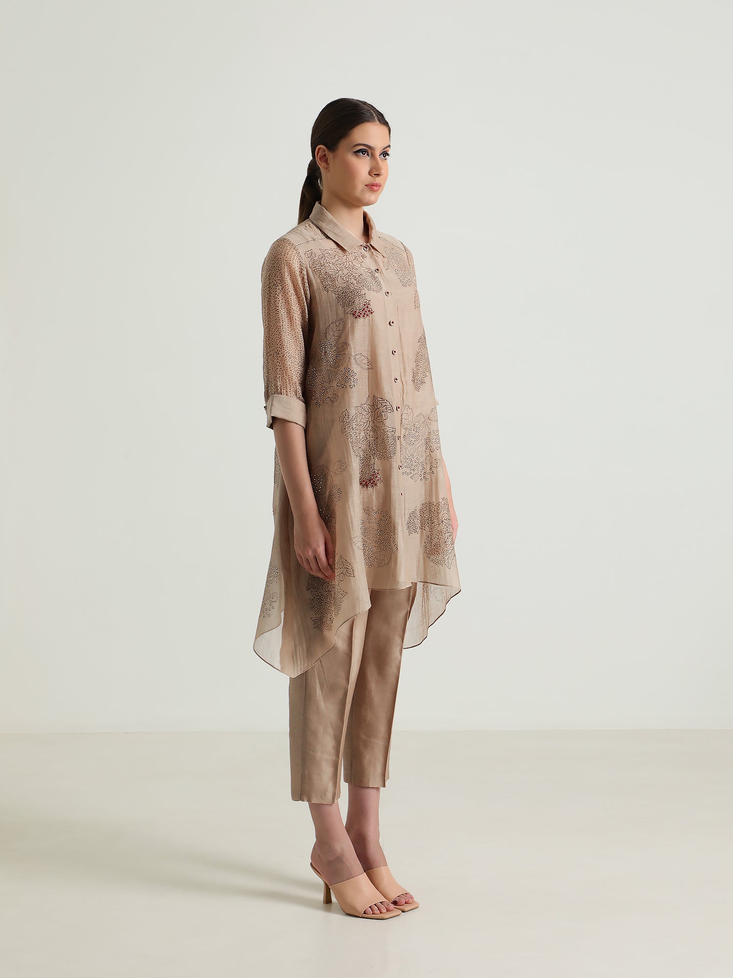 Beige Cotton Chanderi Shirt And Silk Chander Pant