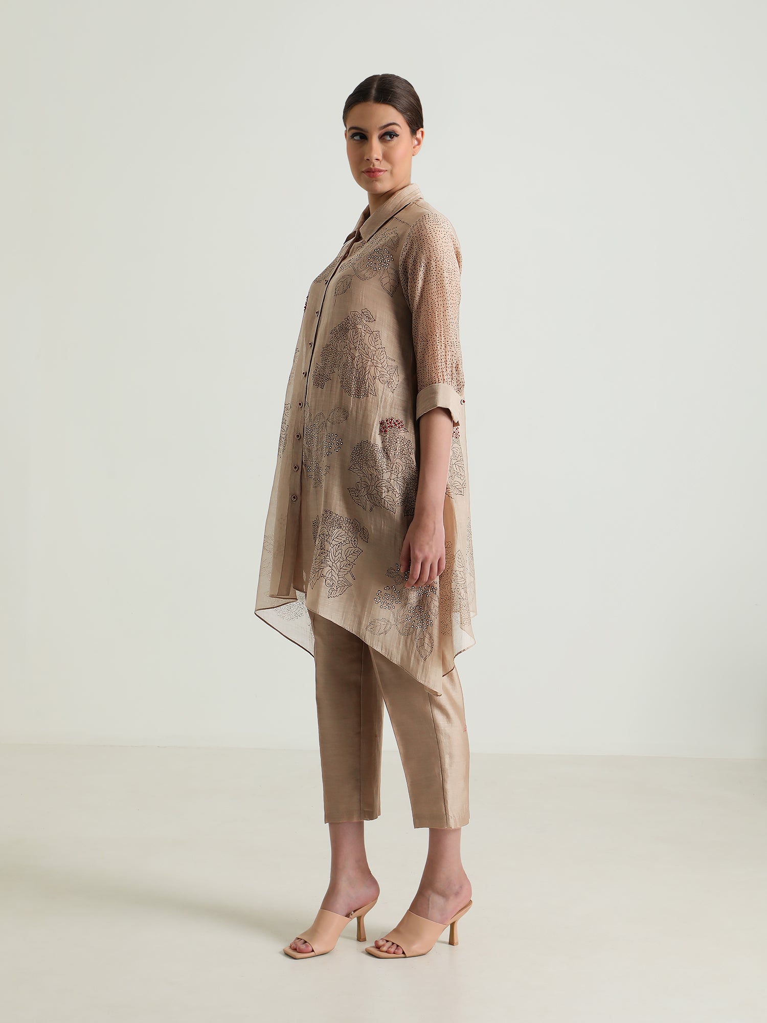 Beige Cotton Chanderi Shirt And Silk Chander Pant