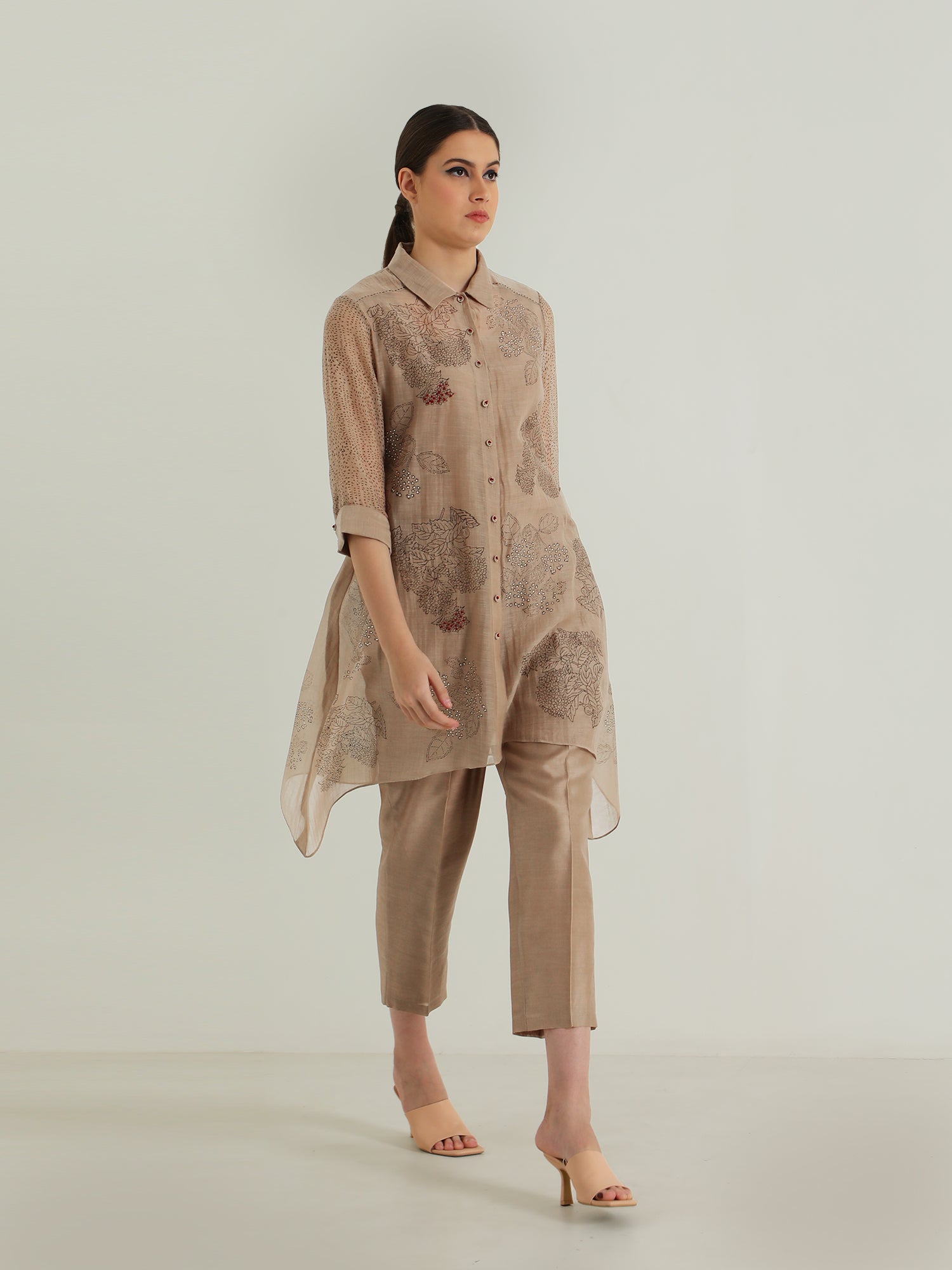 Beige Cotton Chanderi Shirt And Silk Chander Pant