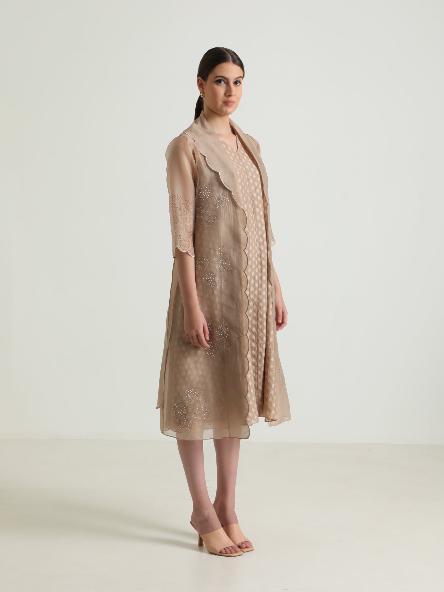 Beige Printed Organza Jacket And Brocade Dress