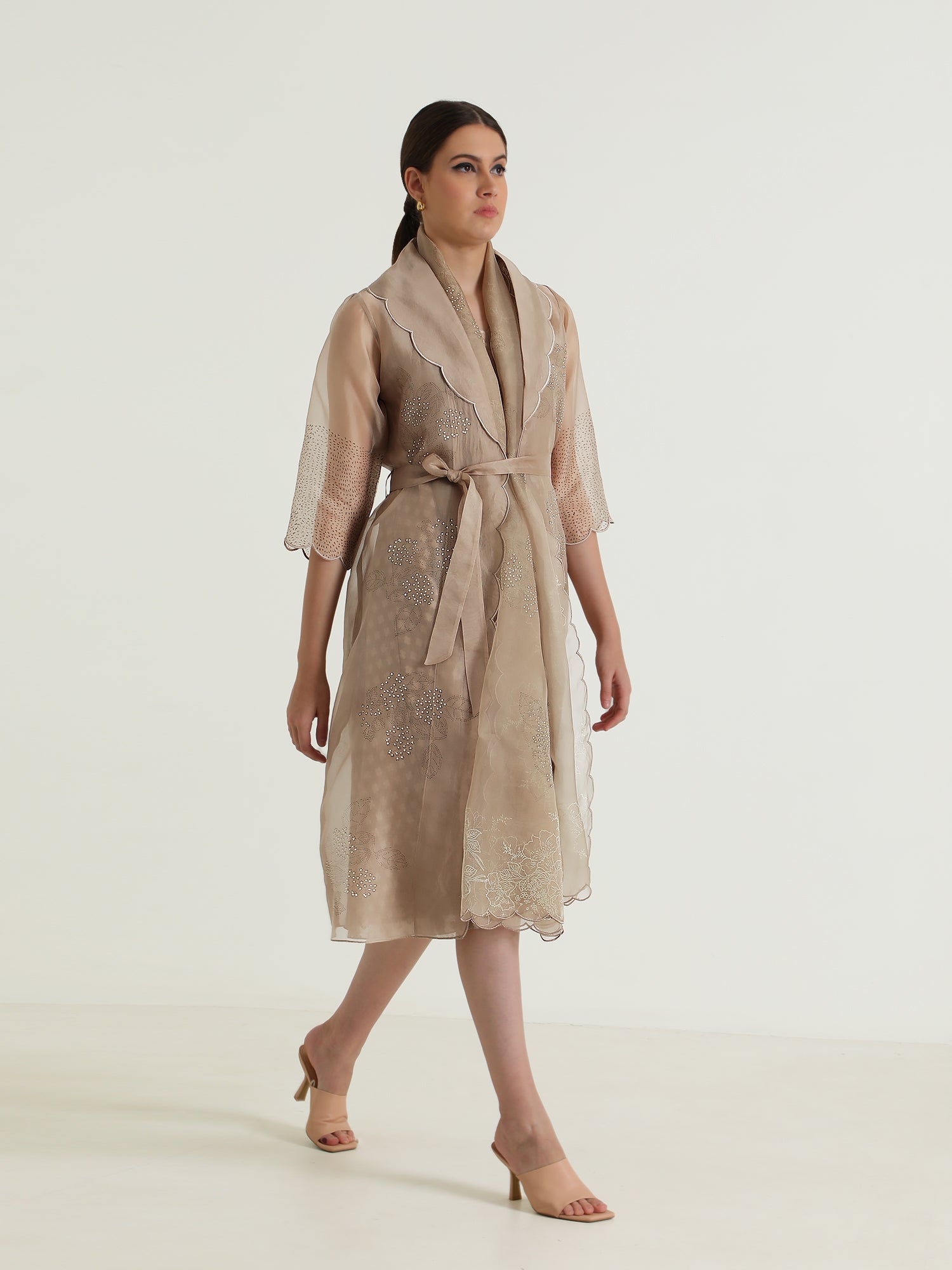 Beige Printed Organza Jacket And Brocade Dress