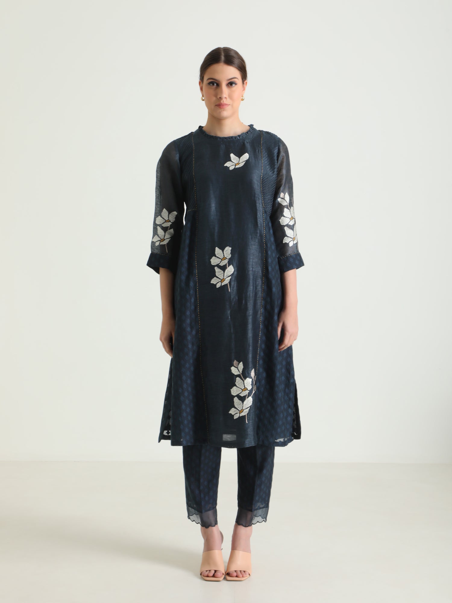 Indigo Tunic In Brocade And Straight Pants With Dupatta