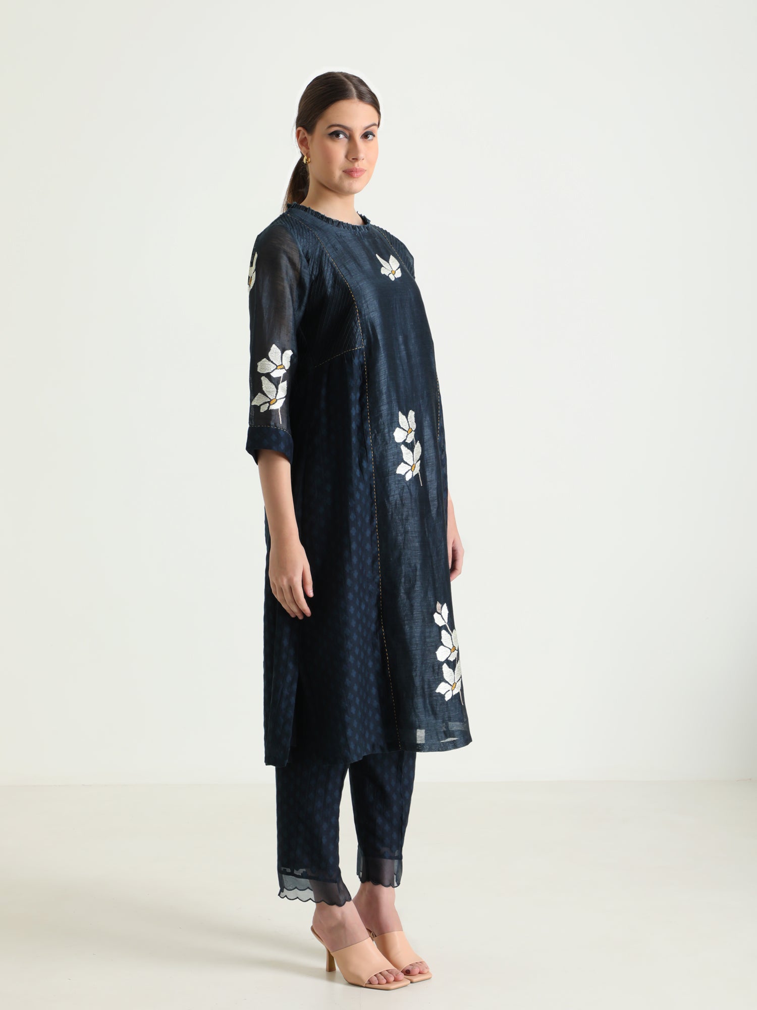 Indigo Tunic In Brocade And Straight Pants With Dupatta