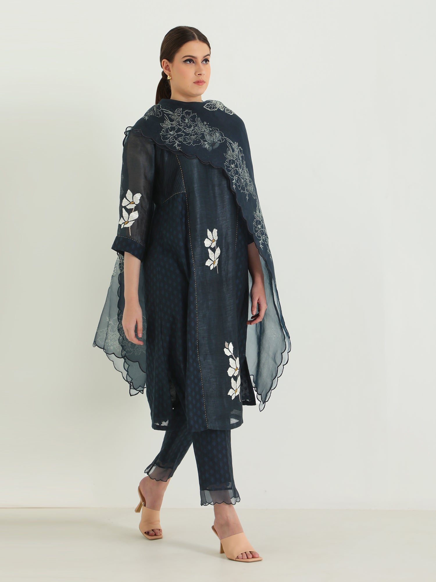 Indigo Tunic In Brocade And Straight Pants With Dupatta