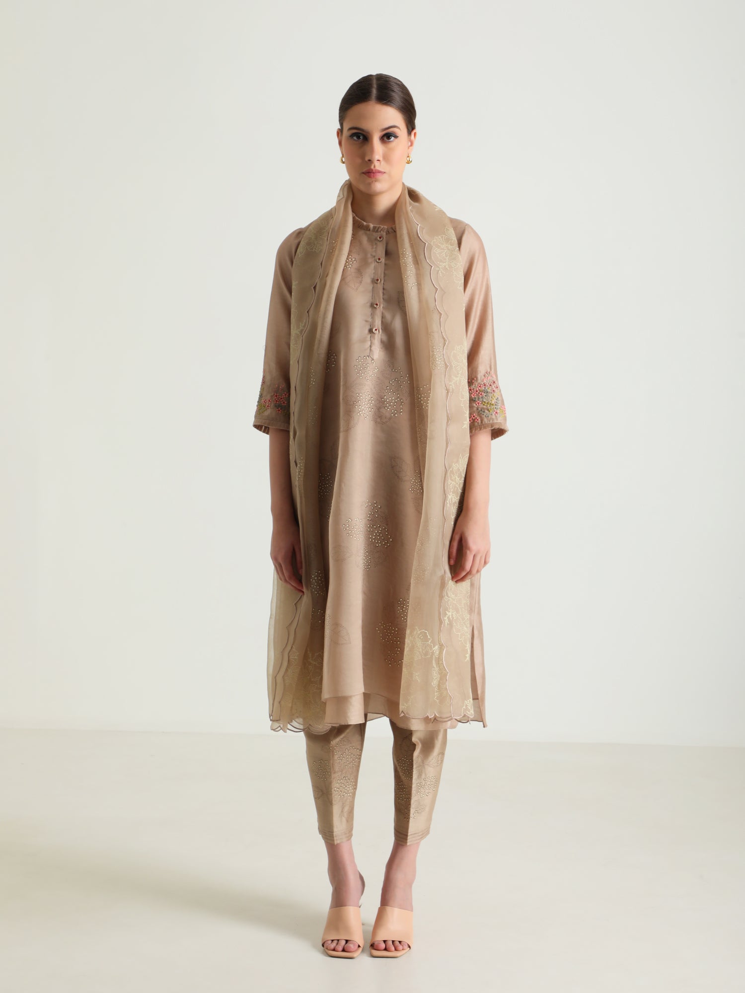 Beige Double Layer Tunic & Silk Chanderi Pant With Dupatta