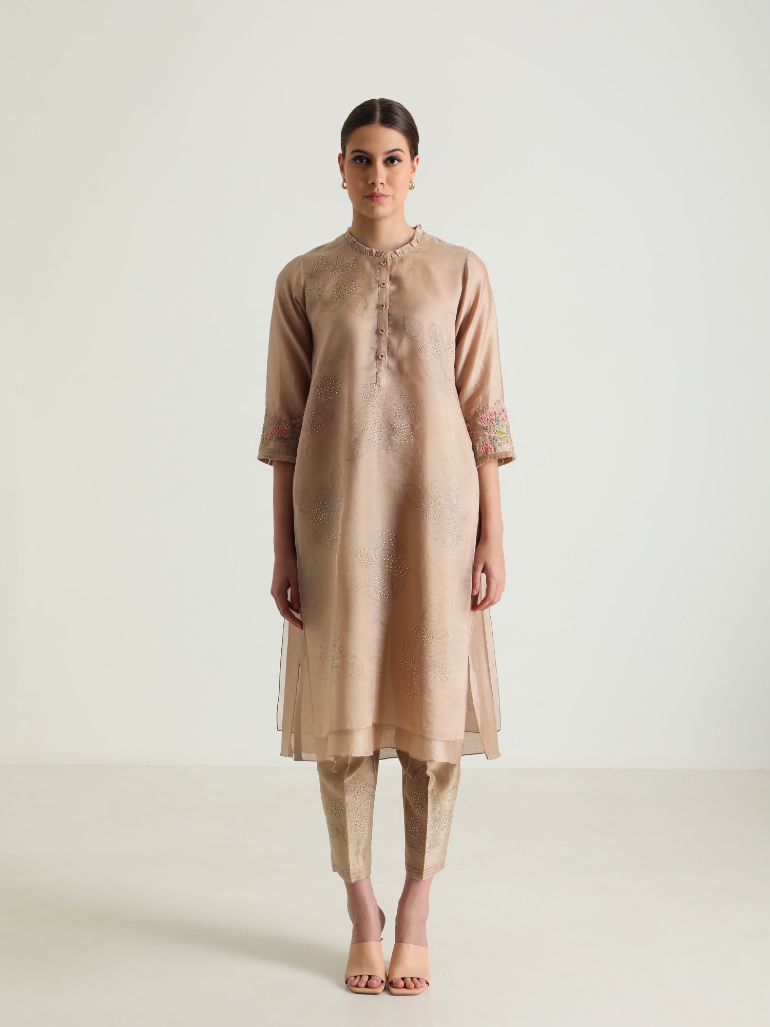 Beige Double Layer Tunic & Silk Chanderi Pant With Dupatta