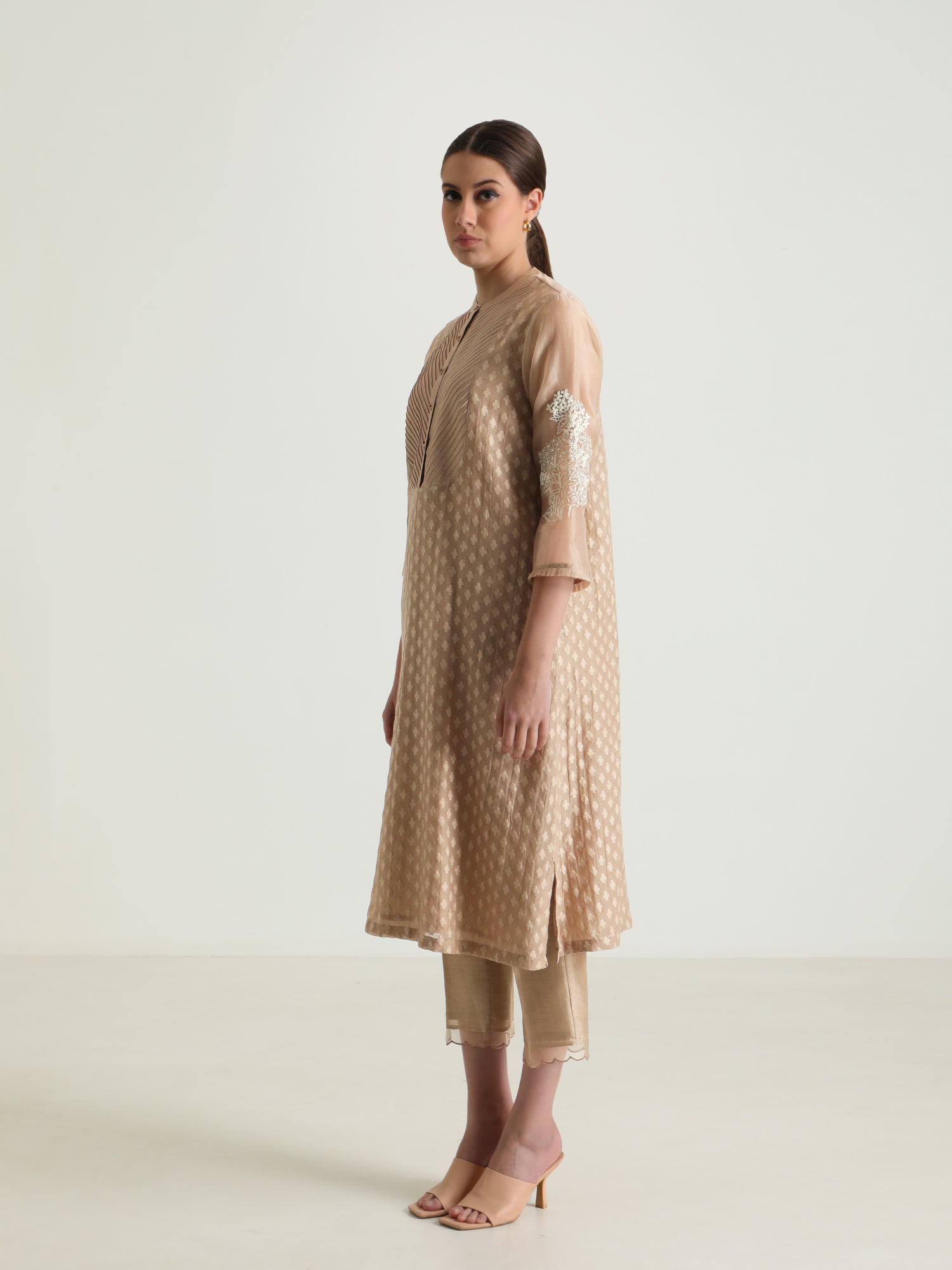 Beige Tunic In Brocade And Silk Chanderi Pant With Dupatta