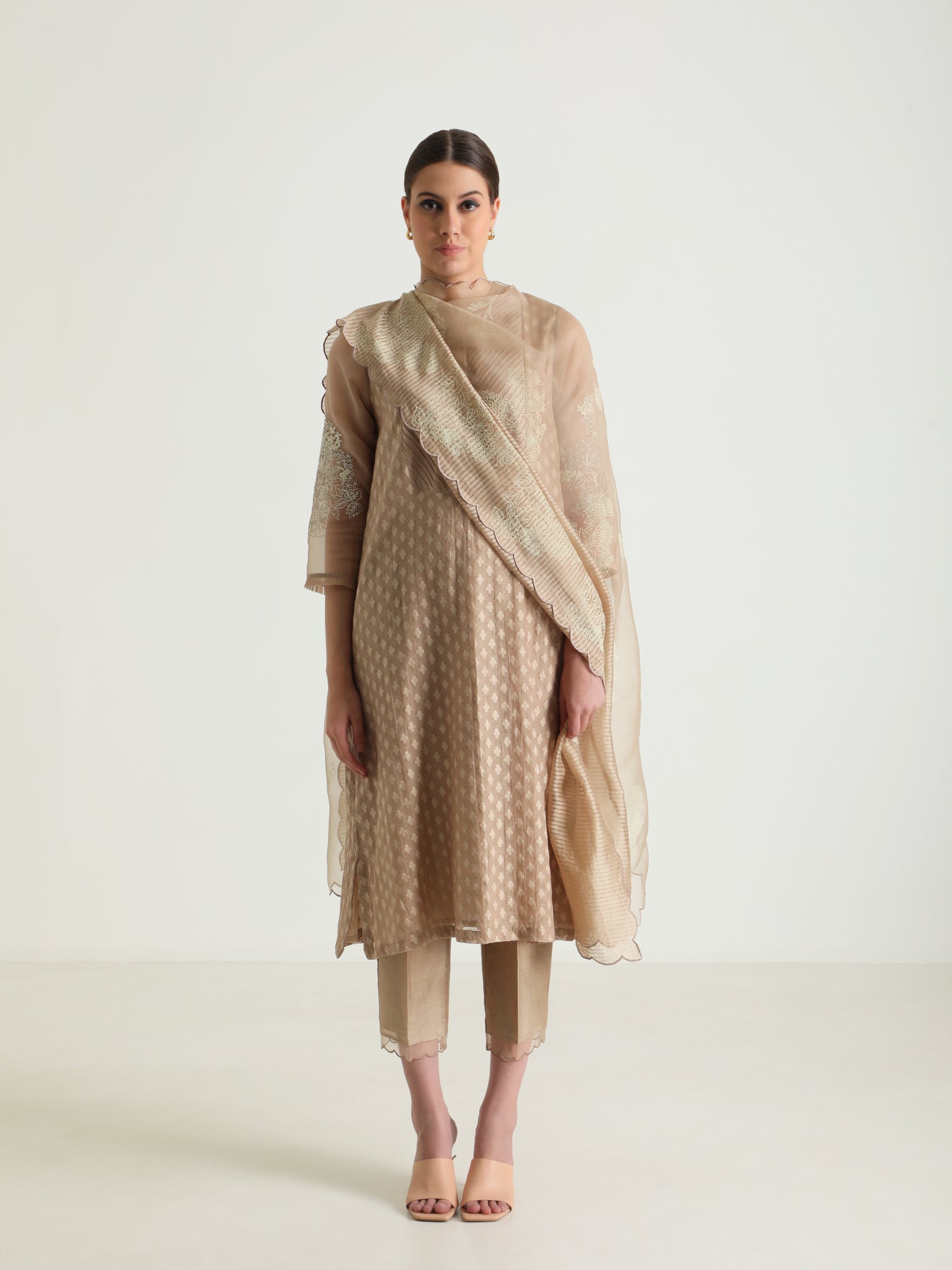 Beige Tunic In Brocade And Silk Chanderi Pant With Dupatta