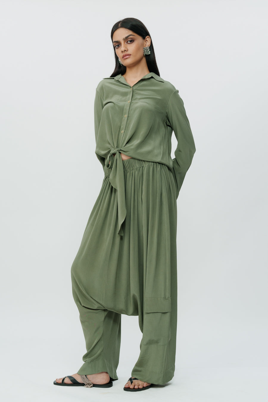 Dark Olive Knotted Shirt With Low Crotch Pants