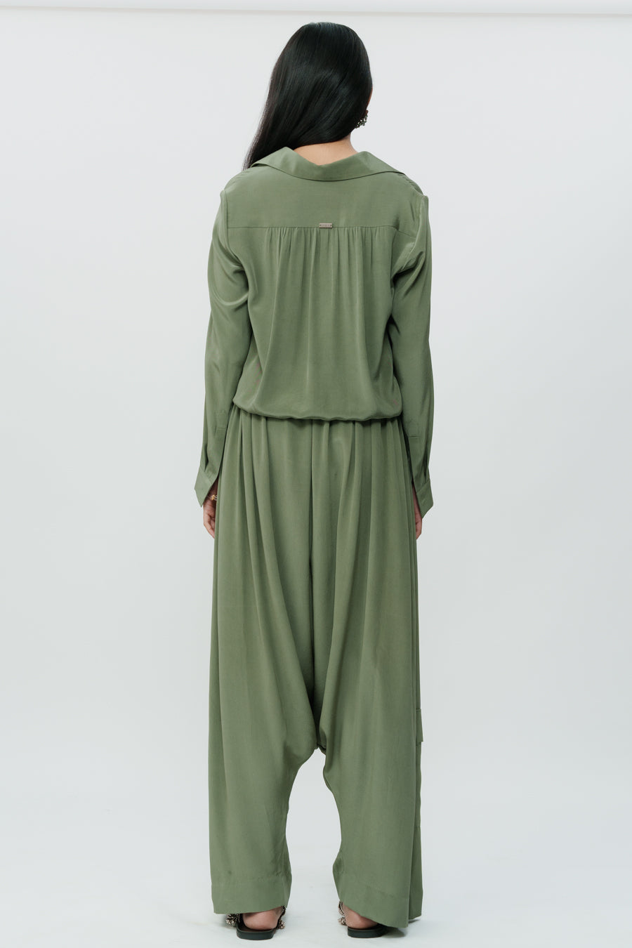 Dark Olive Knotted Shirt With Low Crotch Pants