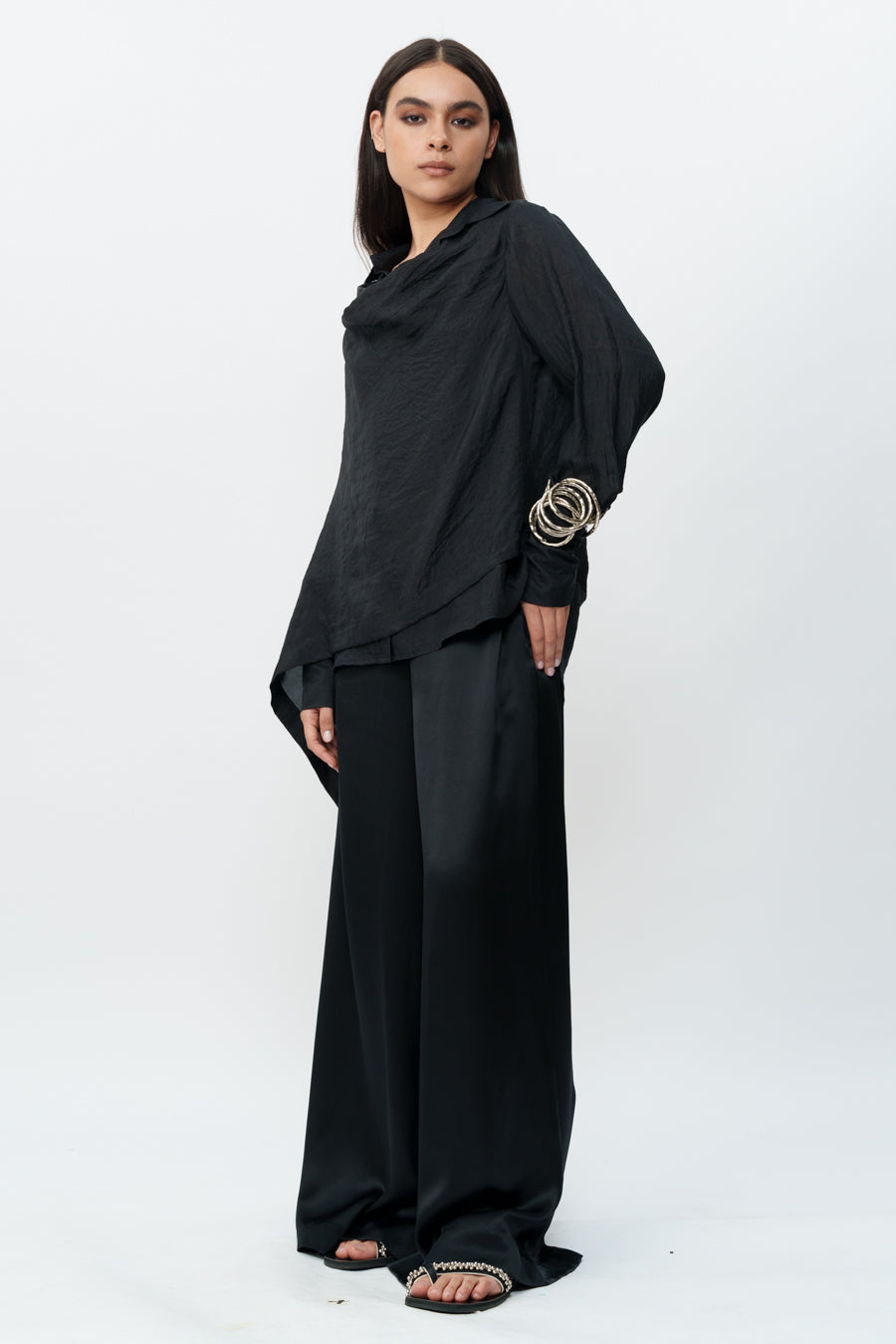 Black Draped Shirt With Flared Trouser