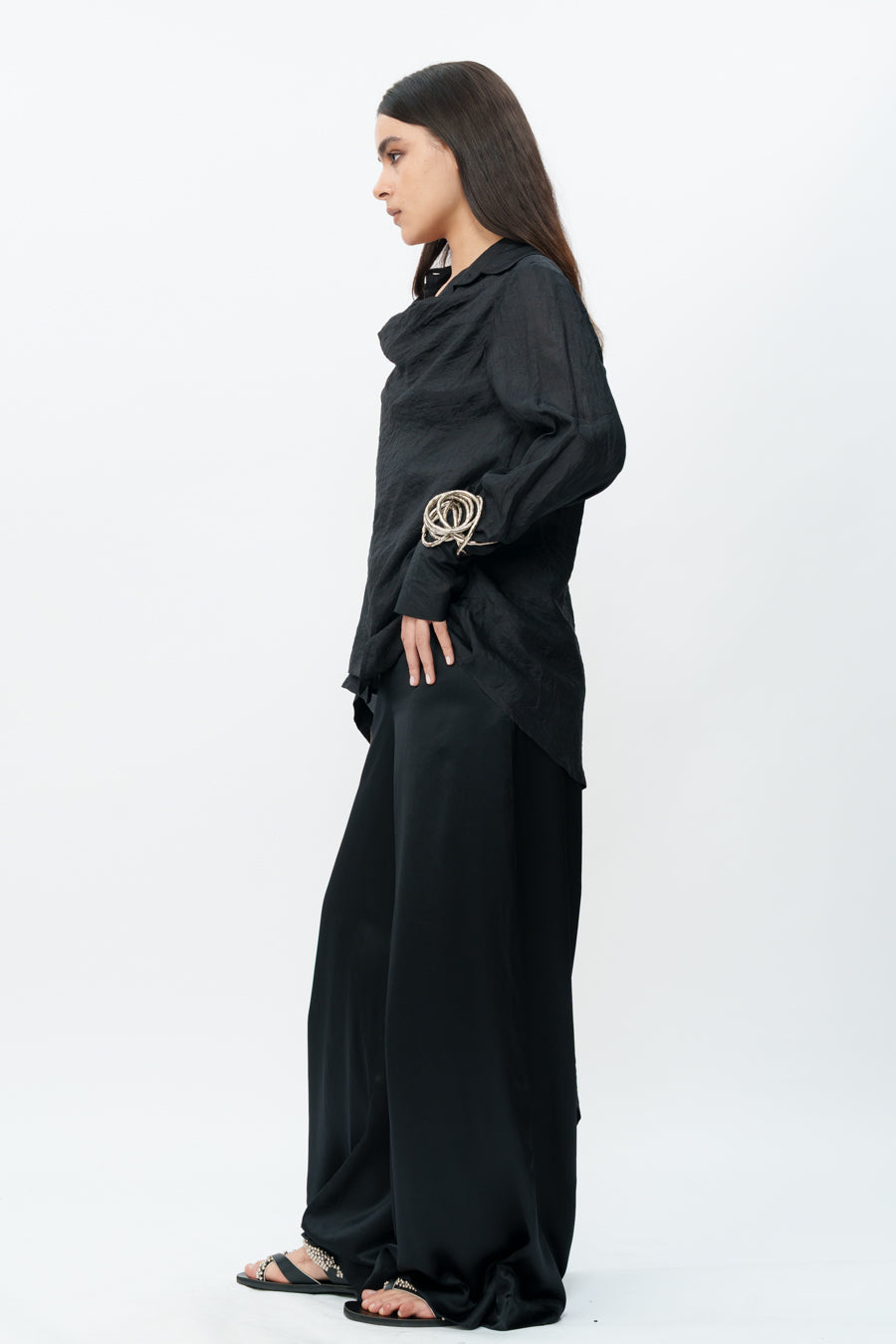 Black Draped Shirt With Flared Trouser