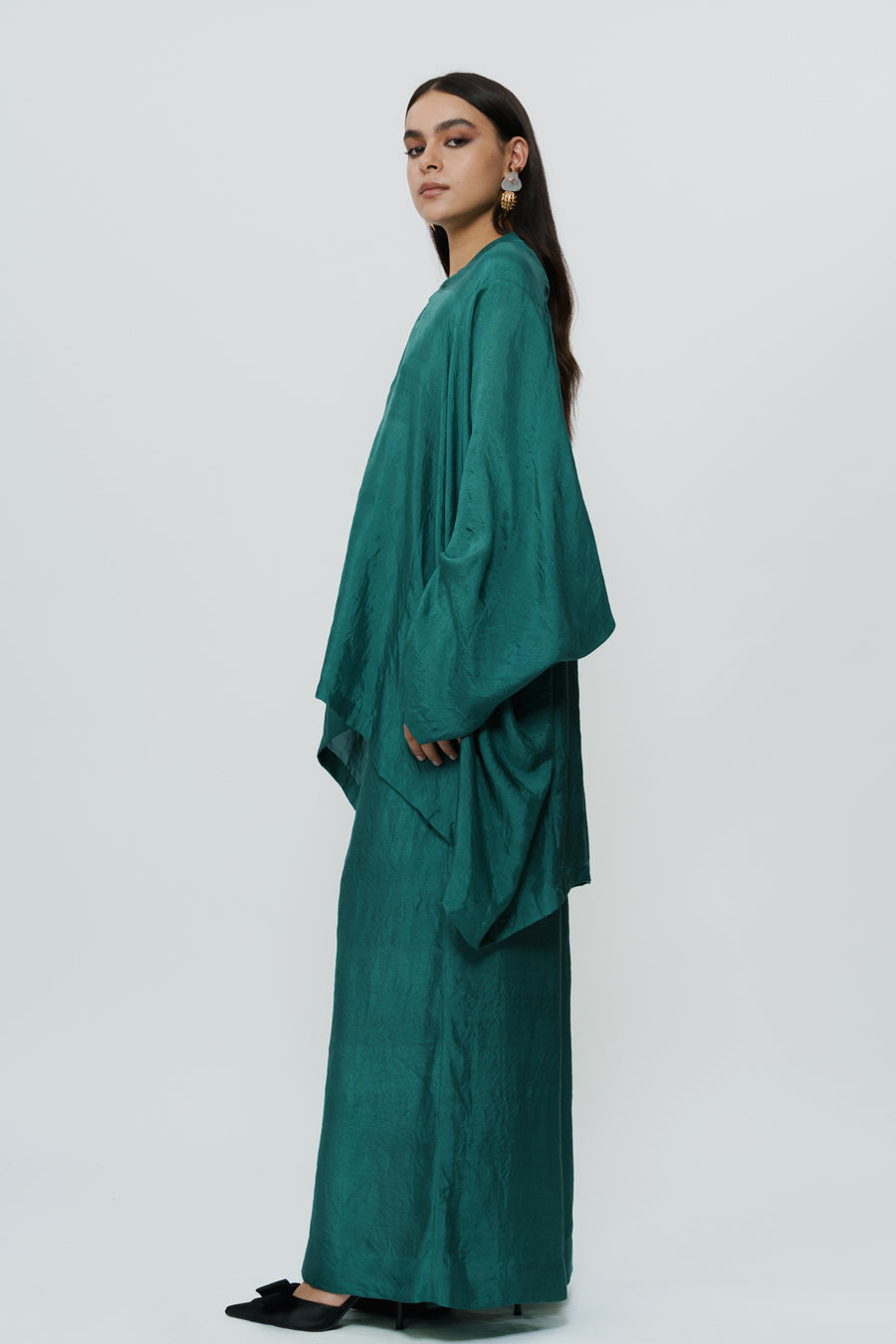 Greenish Blue Kaftan Kurta With Broad Pants