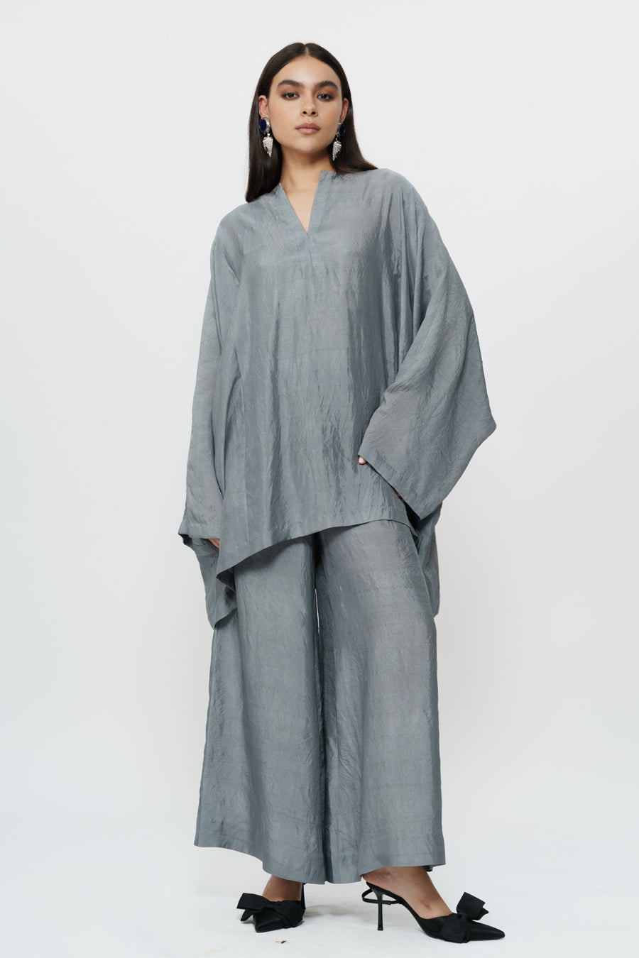 Grey Kaftan Kurta With Broad Pants