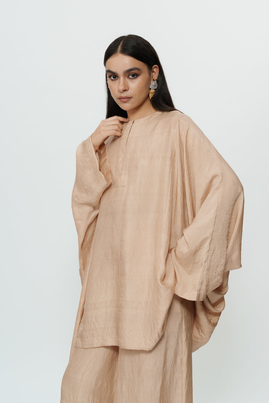 Beige Kaftan Kurta With Broad Pants