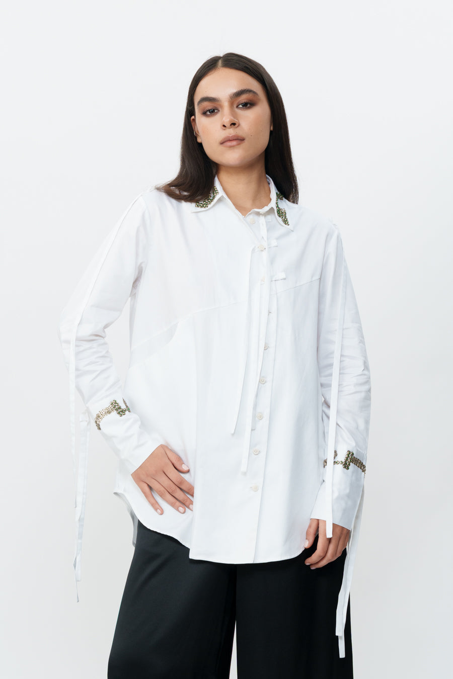 White Shirt With Hand Embroidered Cuff And Collar