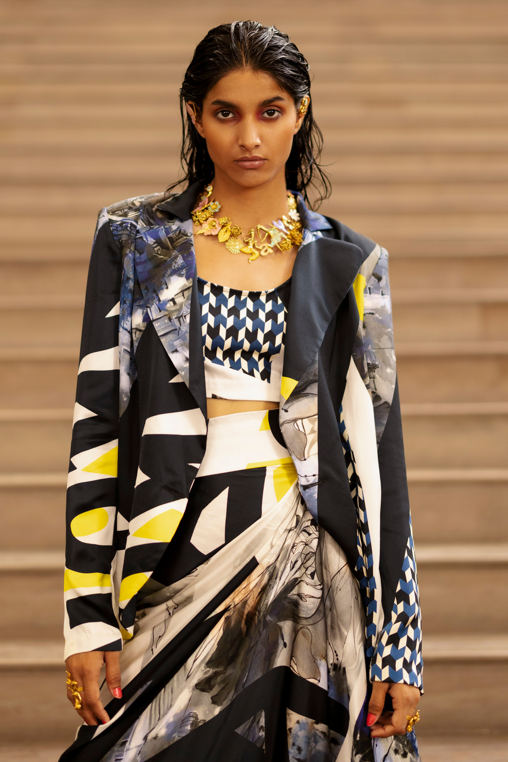 Script Print Blazer With Skirt And Top