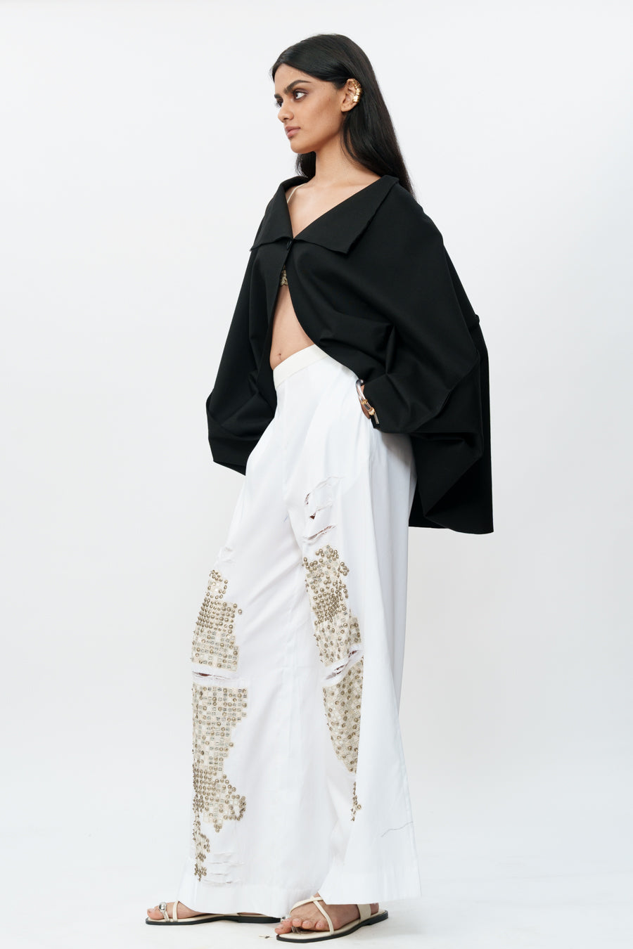 Shredded White Cotton Pants With Mirrorwork