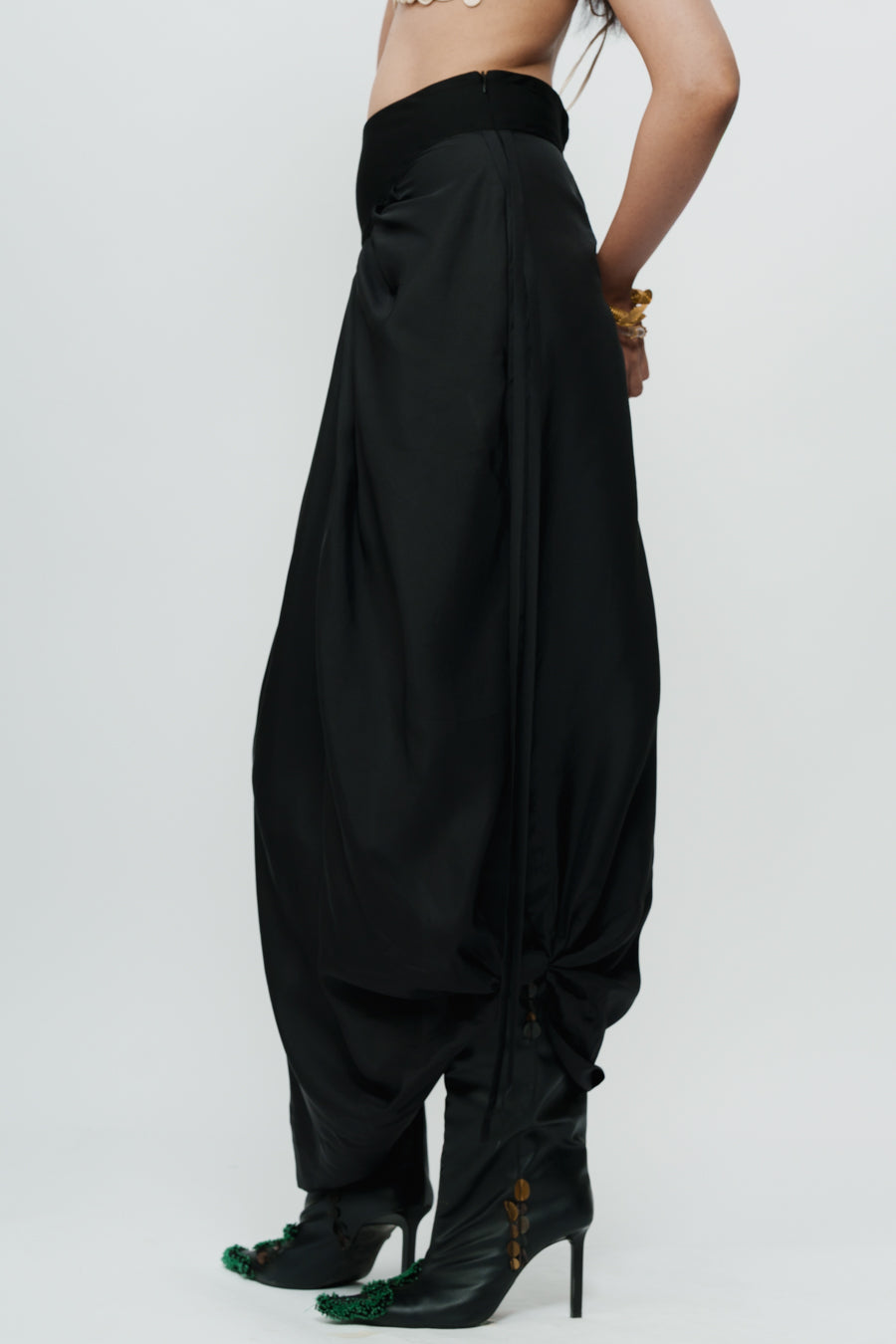 Black Draped Knotted Skirt With Cord Waist