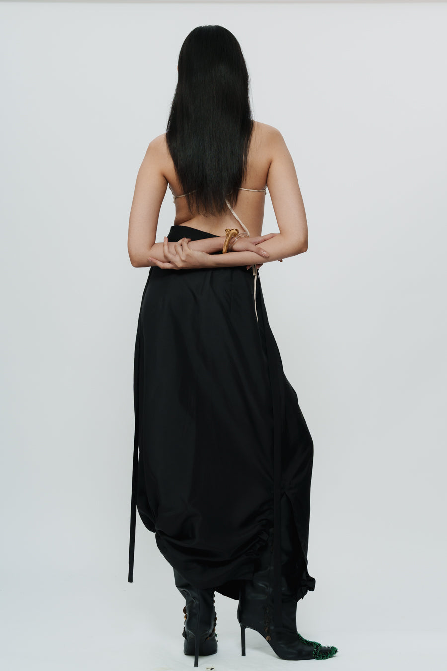 Black Draped Knotted Skirt With Cord Waist