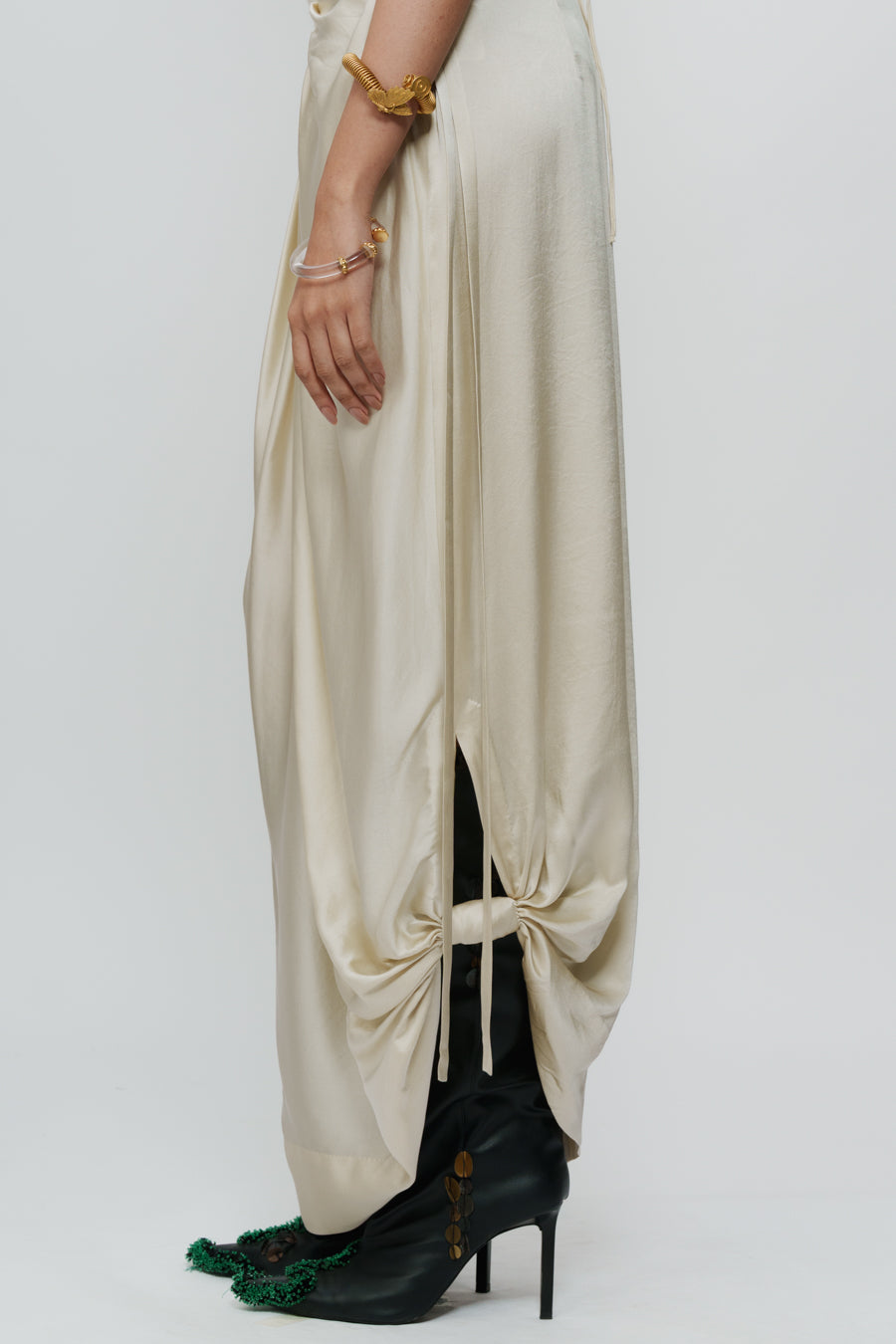Ivory Draped Knotted Skirt With Cord Waist