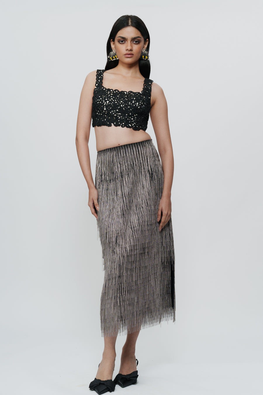 Straight Skirt With Silver Chain Embroidery